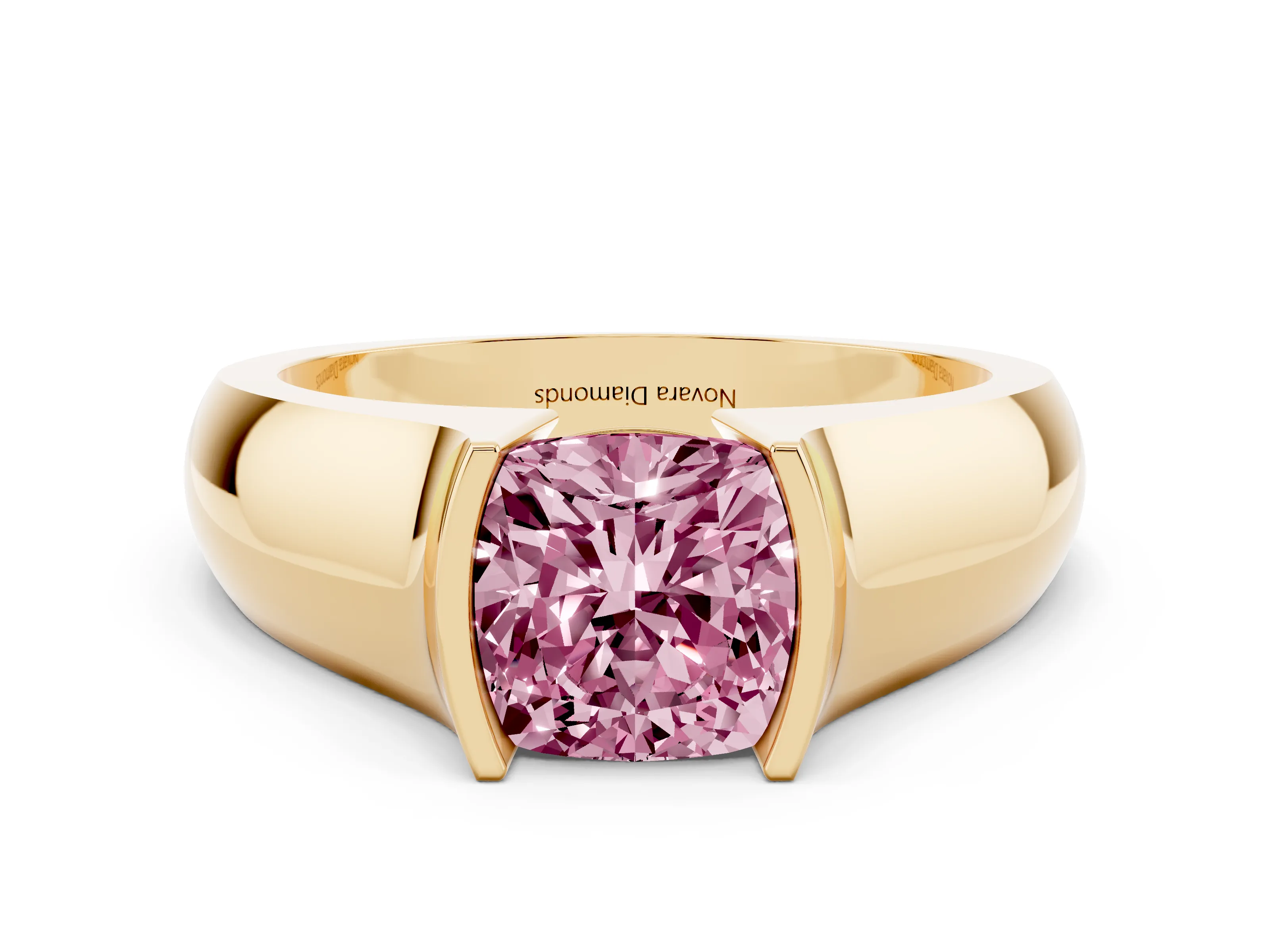 Fancy Pink Cushion Cut Diamond Bezel Solitaire Ring Set in Yellow gold with Wide Band