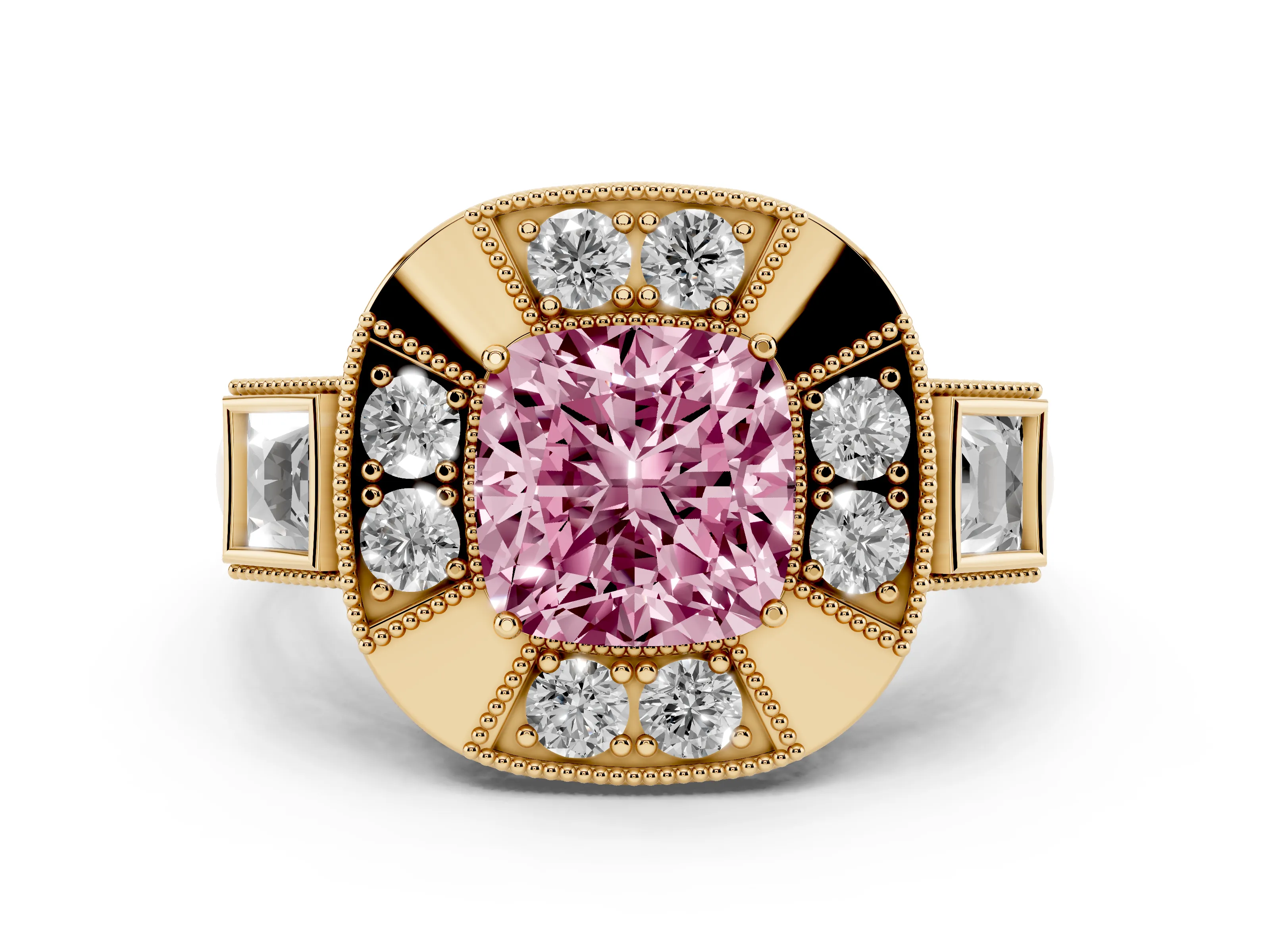 Fancy Pink Cushion Cut Diamond Milgrain Halo Ring Set in Yellow gold with Split Shank