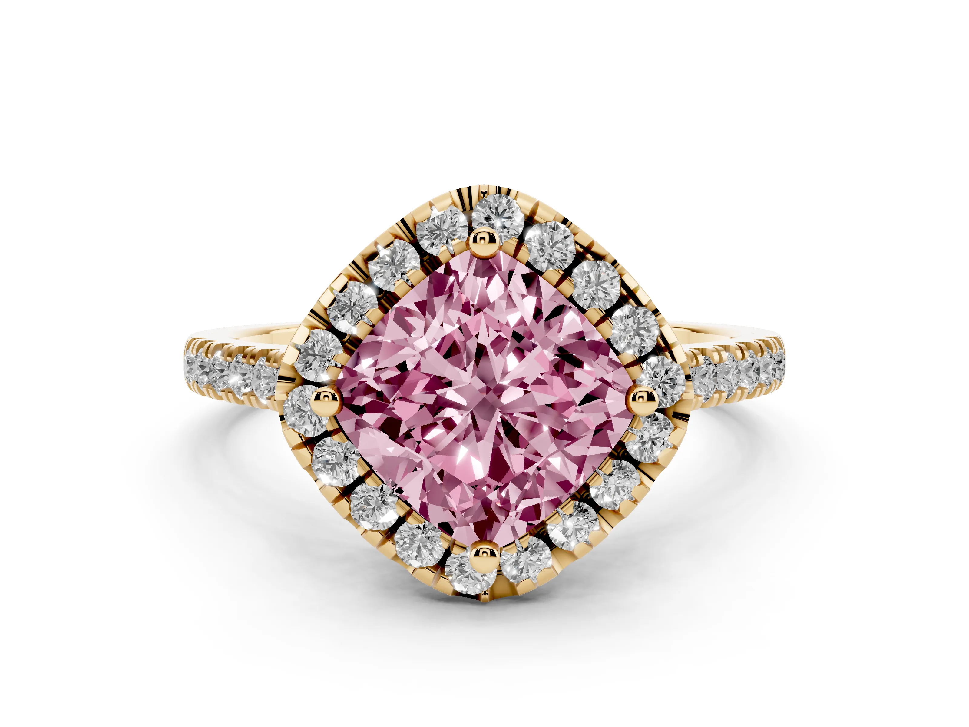 Fancy Pink Cushion Cut Diamond Cushion Halo Ring Set in Yellow gold with Pavé Band