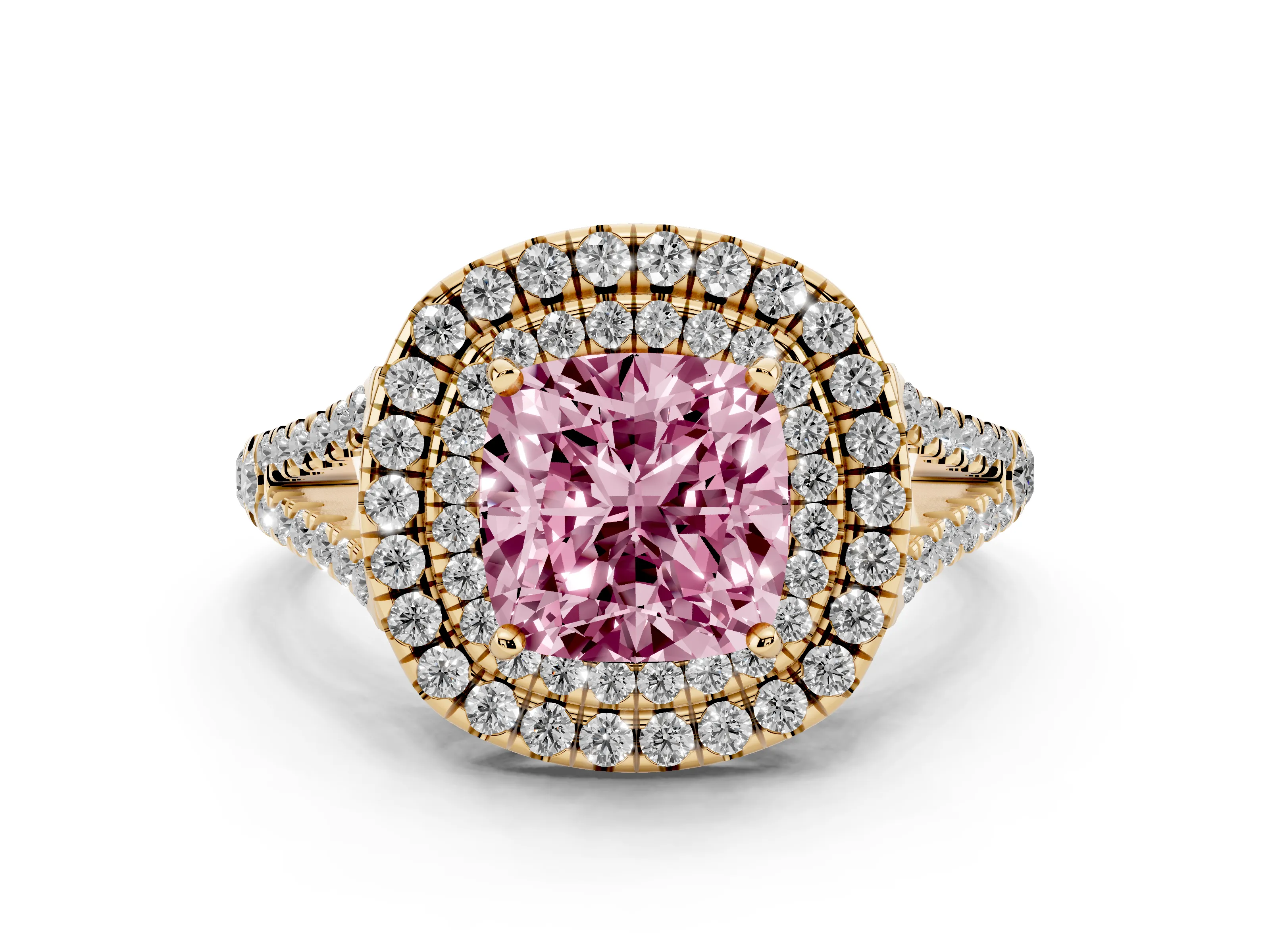 Fancy Pink Cushion Cut Diamond Double Halo Ring Set in Yellow gold with Pavé Band