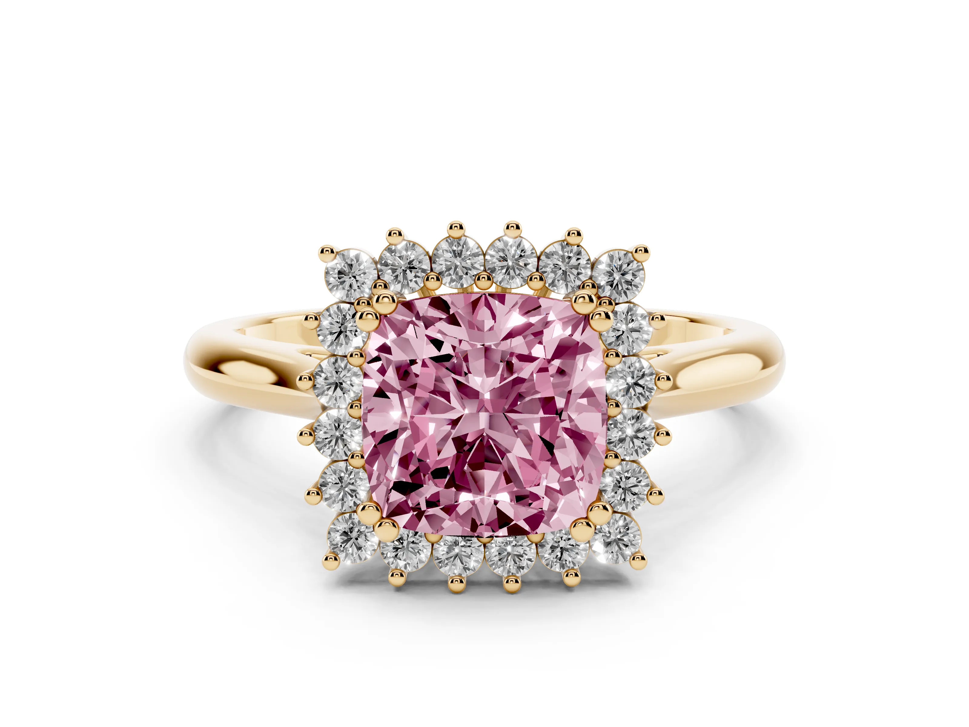 Fancy Pink Cushion Cut Diamond Halo Ring Set in Yellow gold with Plain Solitaire Band and Prong Setting