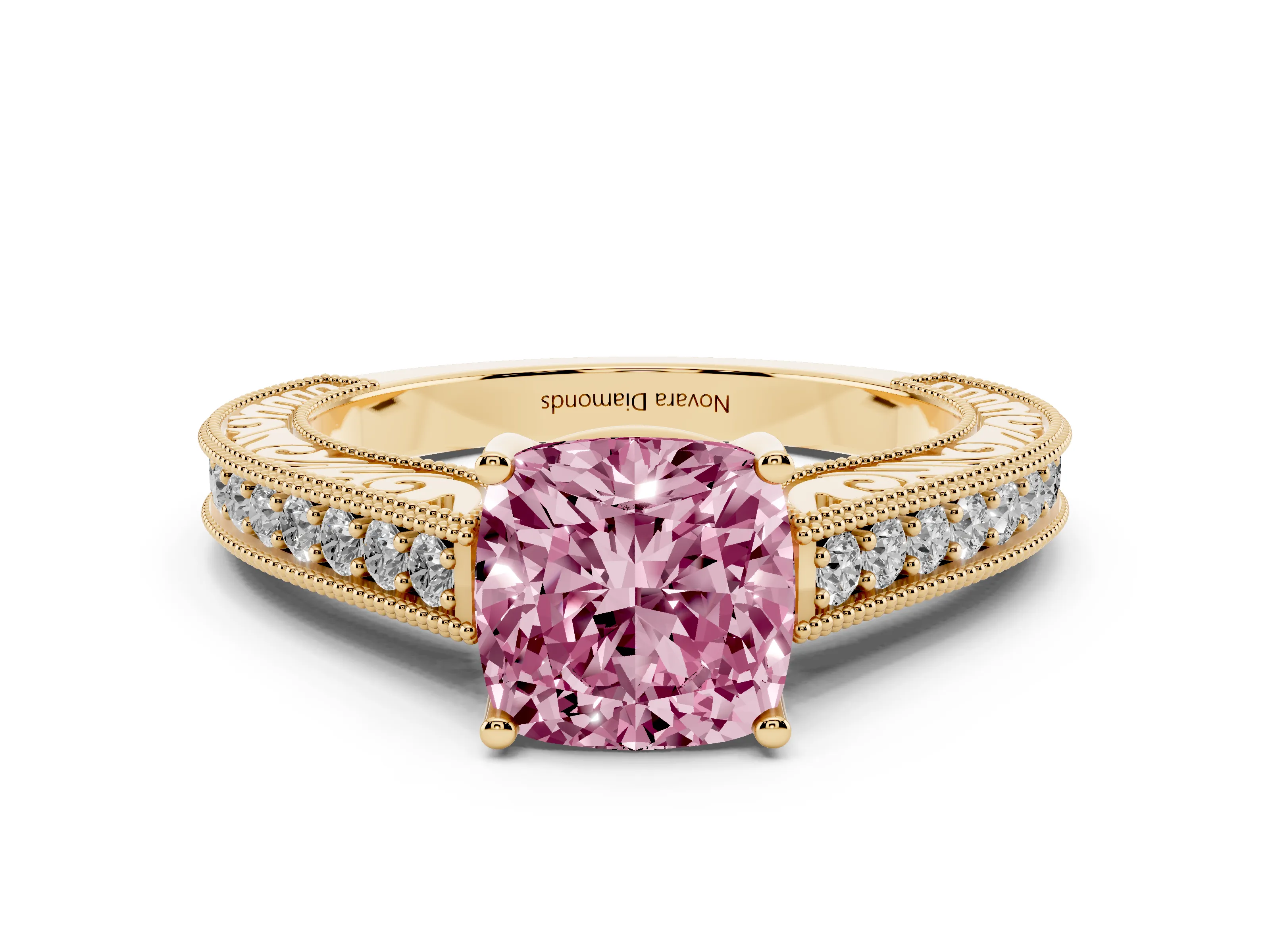 Fancy Pink Cushion Cut Diamond Milgrain Pavé Band Solitaire Ring Set in Yellow gold with Prong Setting