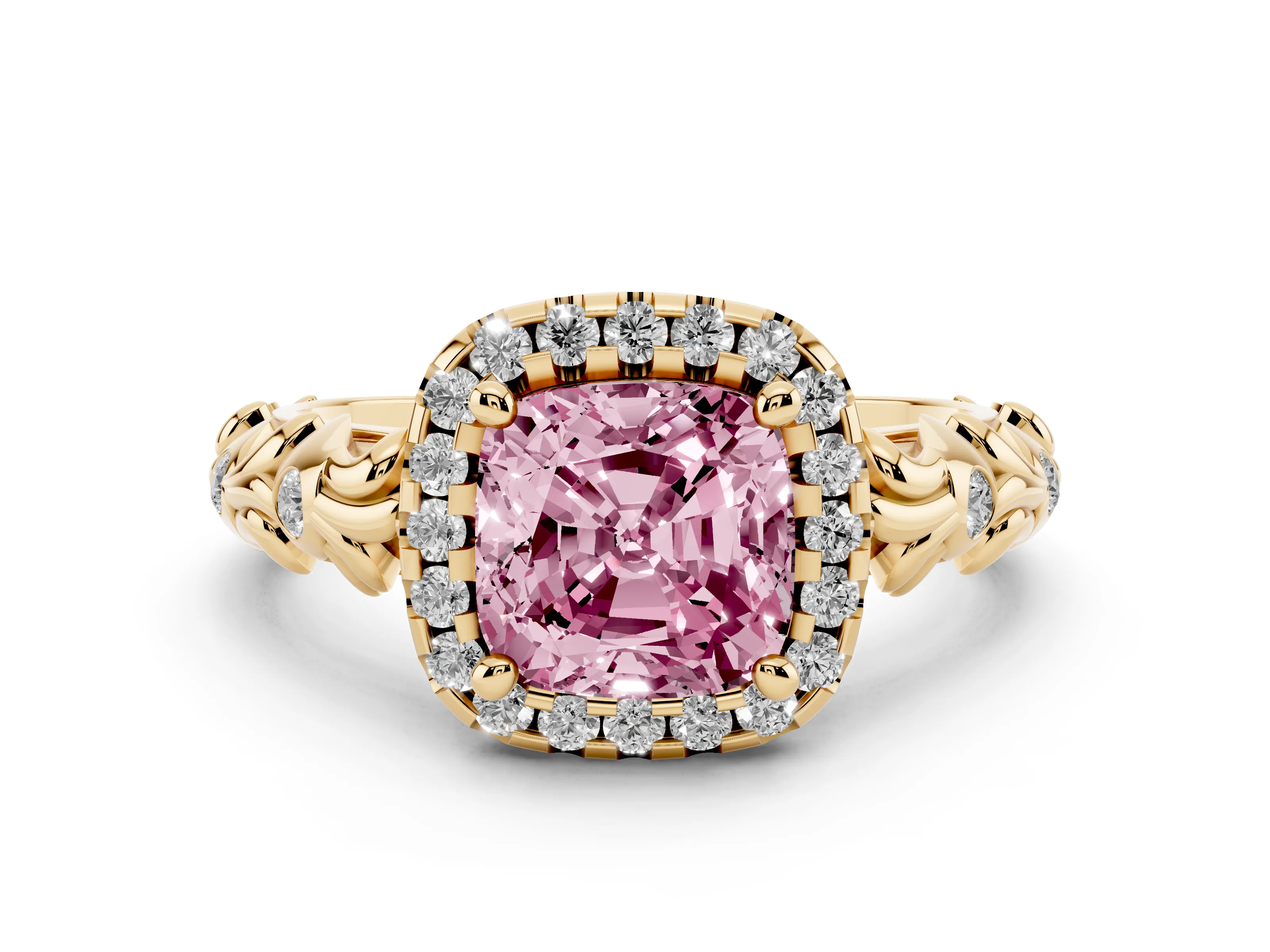 Fancy Pink Cushion Cut Diamond Halo Ring Set in Yellow gold with Filigree Leaf Band and Prong Setting