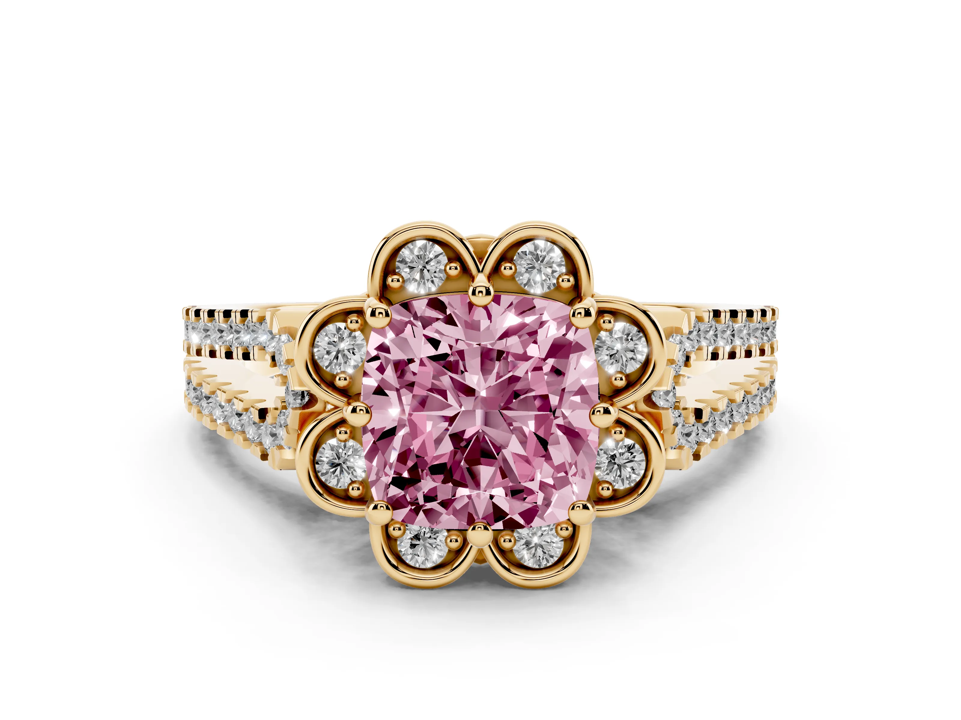 Fancy Pink Cushion Cut Diamond Floral Halo Split Shank Engagement Ring Set in Yellow gold with Pavé Shank