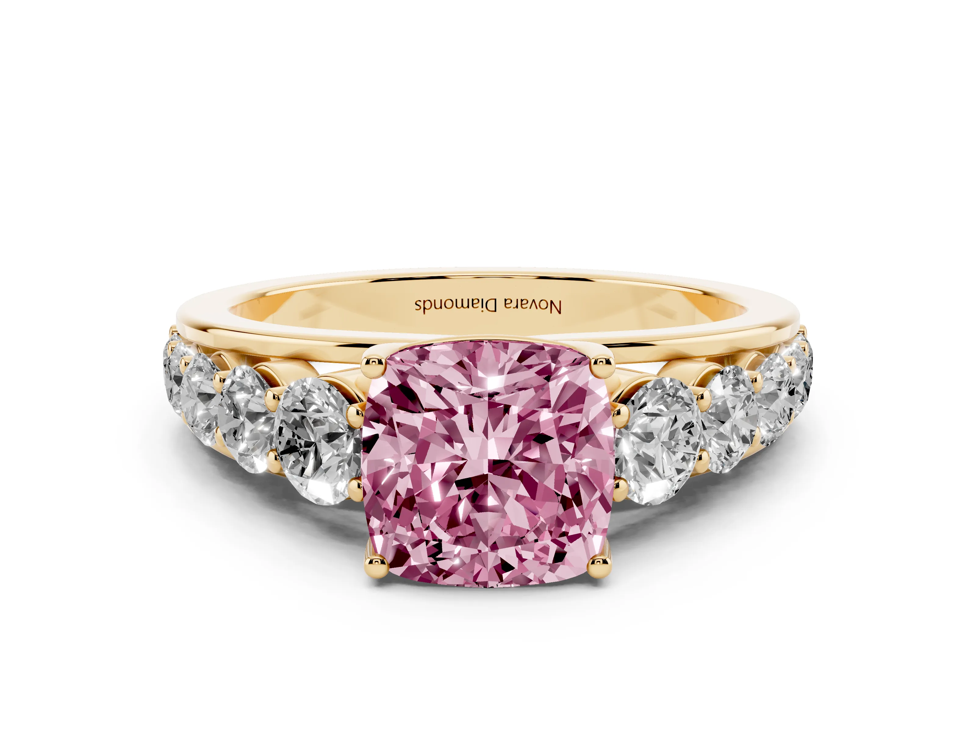 Fancy Pink Cushion Cut Diamond Solitaire Ring Set in Yellow gold with Pavé-Set Band and Prong Setting