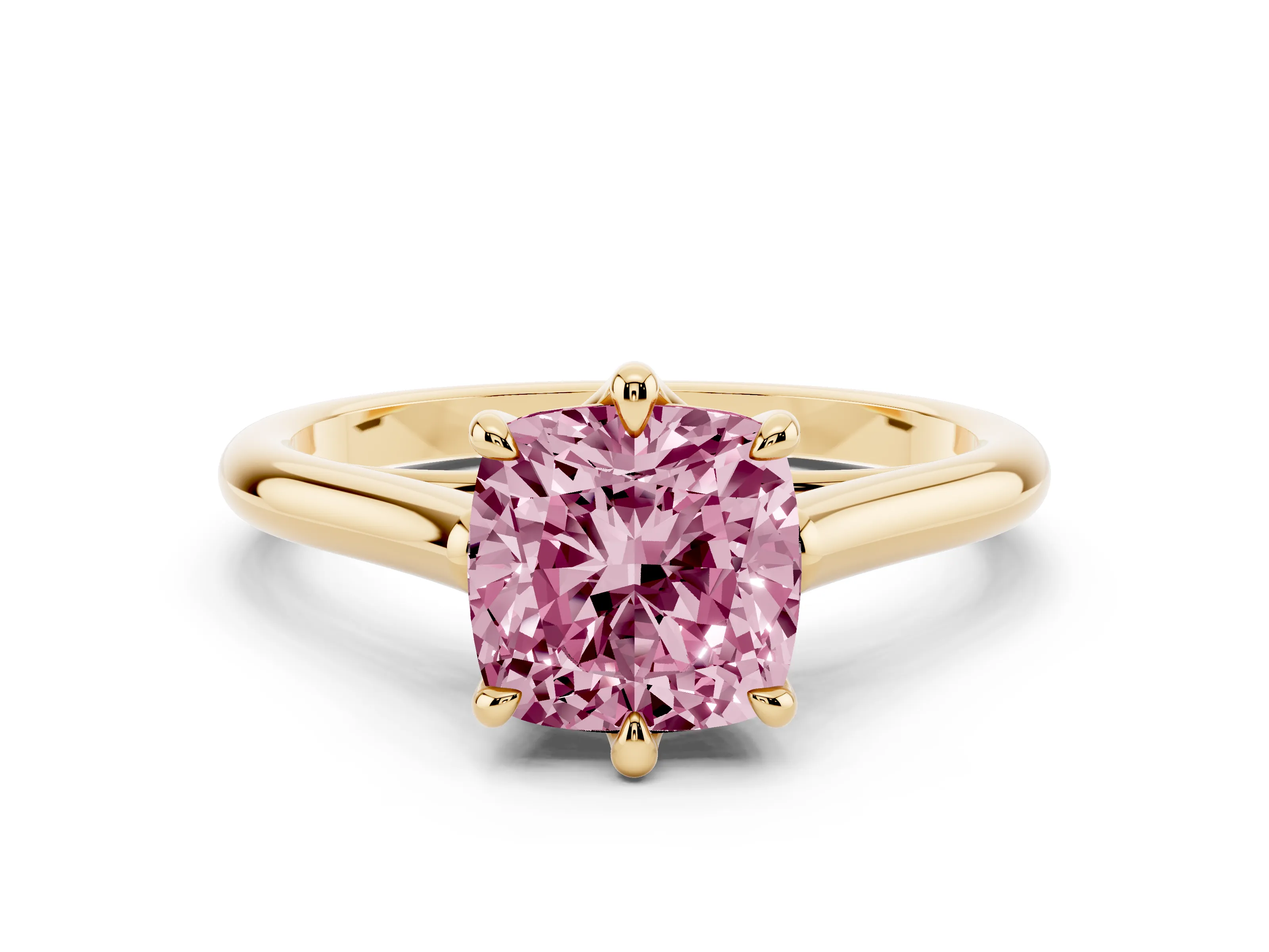 Fancy Pink Cushion Cut Diamond Solitaire Engagement Ring Set in Yellow gold with Prong Setting and Plain Classic Band