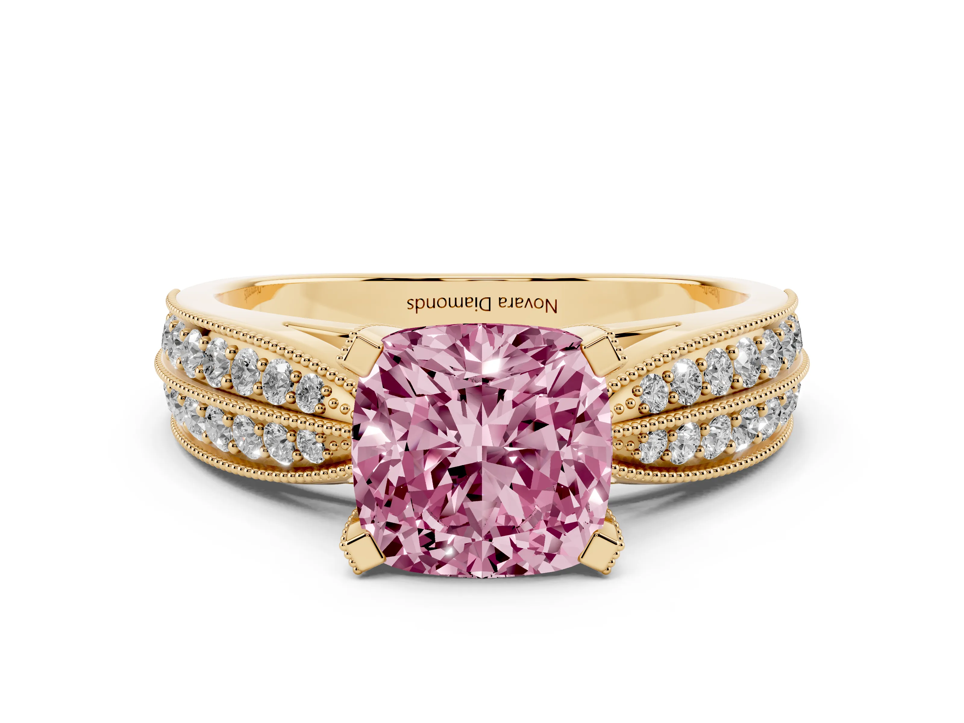 Fancy Pink Cushion Cut Diamond Solitaire Ring Set in Yellow gold with Milgrain Double Row Round Pavé Band