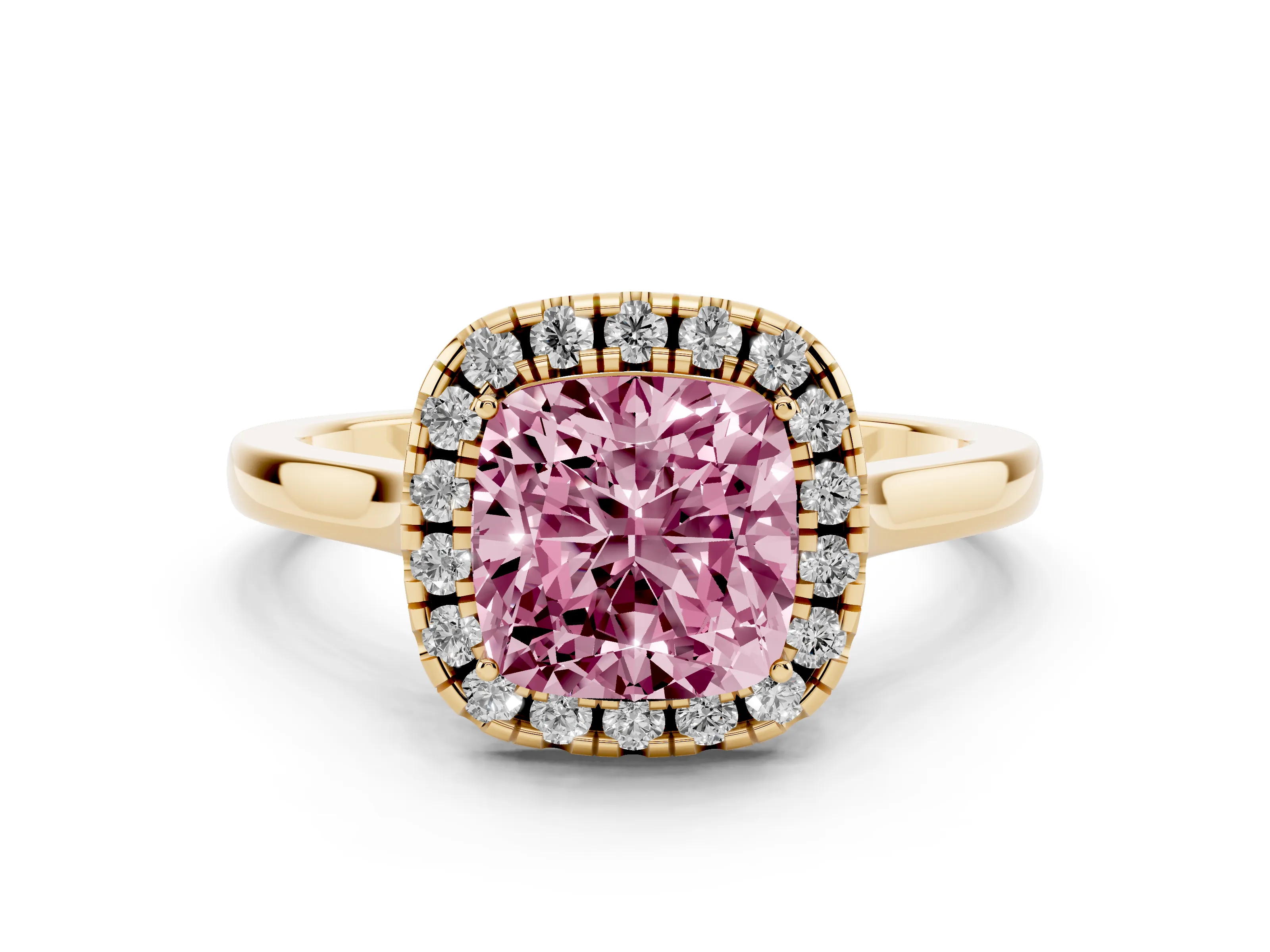 Fancy Pink Cushion Cut Halo Round Diamond Solitaire Ring Set in Yellow gold with Pavé Band and Prong Setting
