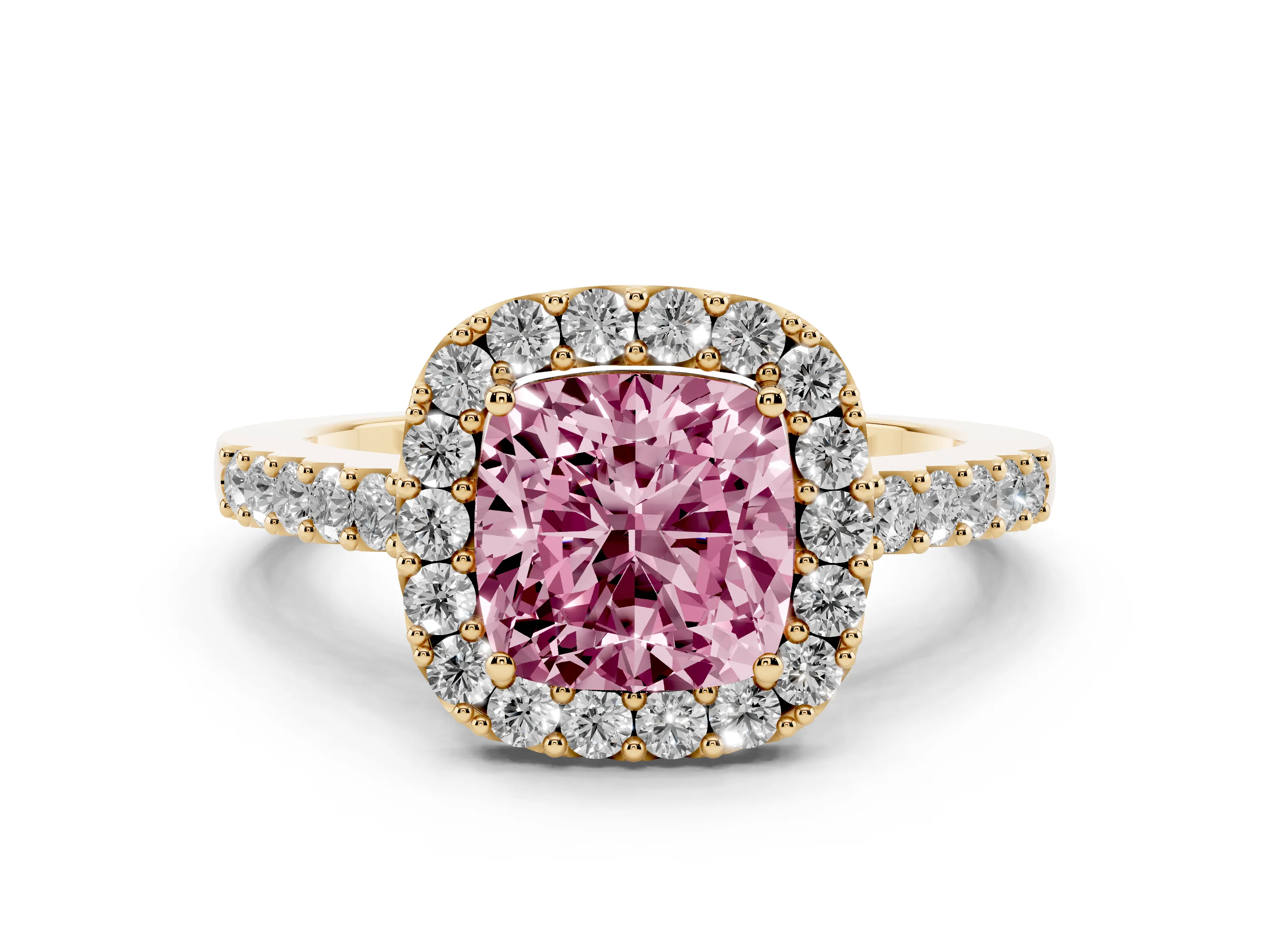 Fancy Pink Cushion Cut Diamond Halo Pavé Solitaire Ring Set in Yellow gold with Prong-Set Center Stone