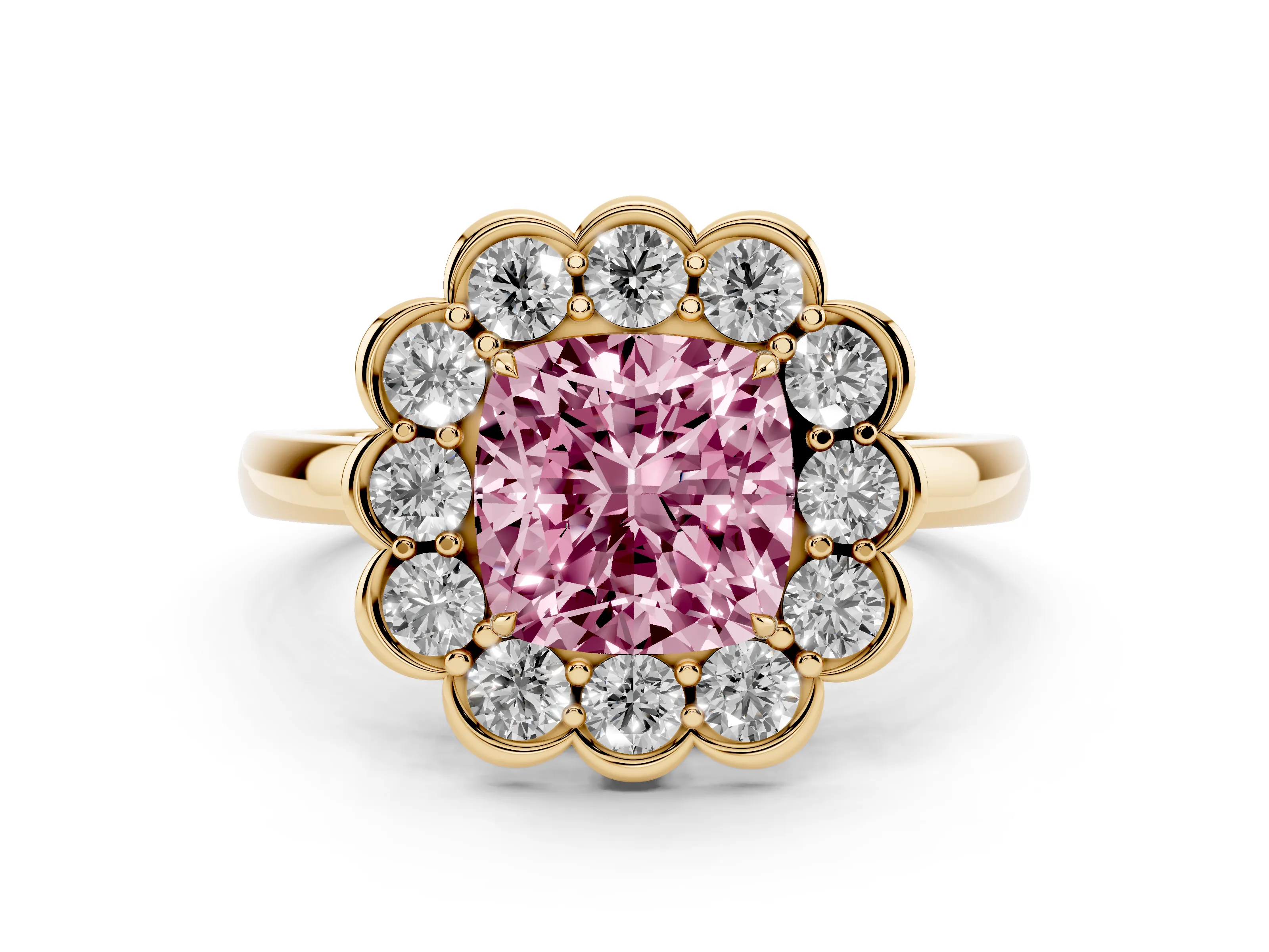 Fancy Pink Cushion Cut Diamond Halo Cluster Engagement Ring Set in Yellow gold with Solitaire Band and Prong Setting