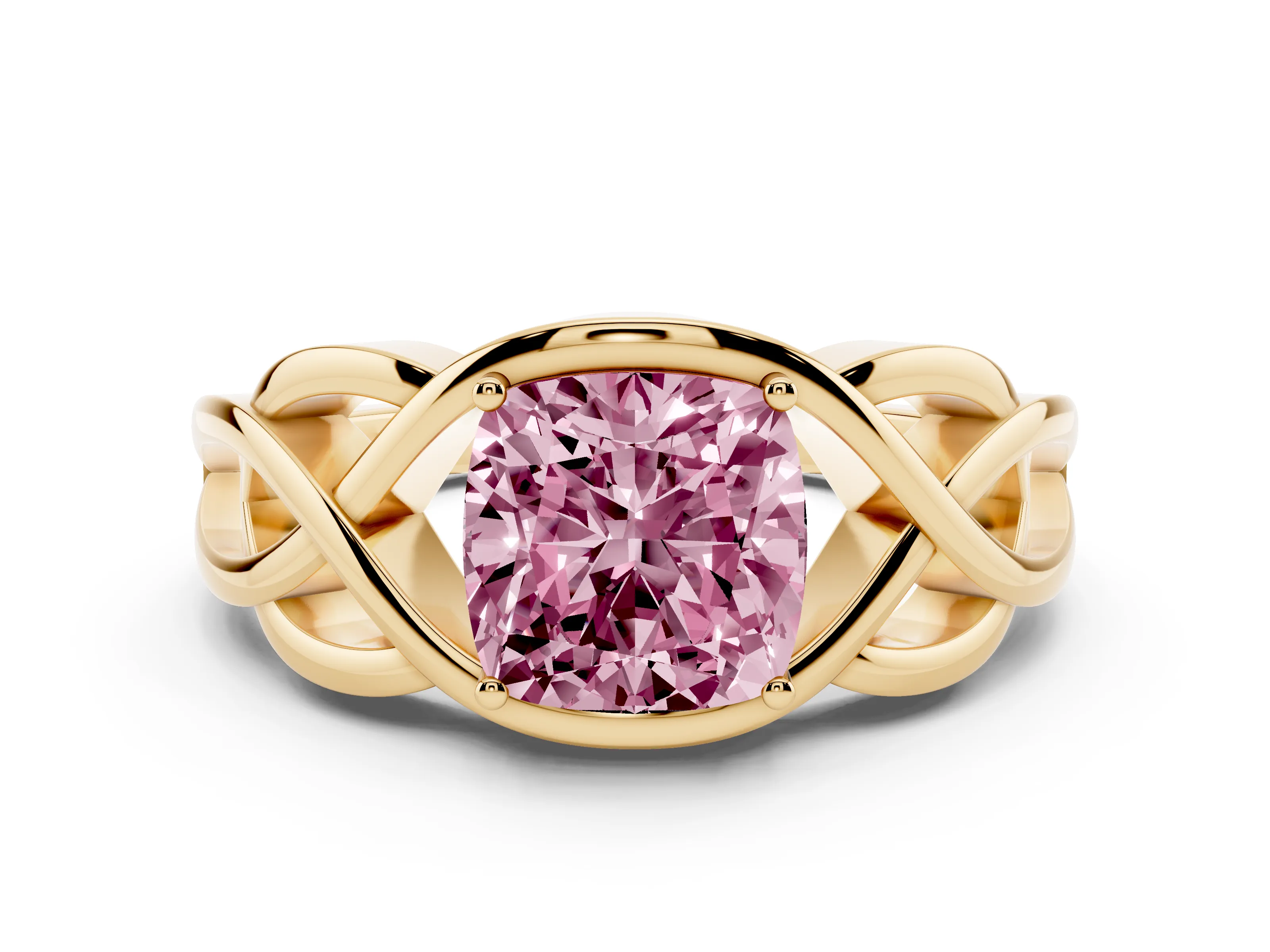 Fancy Pink Cushion Cut Diamond Solitaire Ring Set in Yellow gold with Intertwined Band