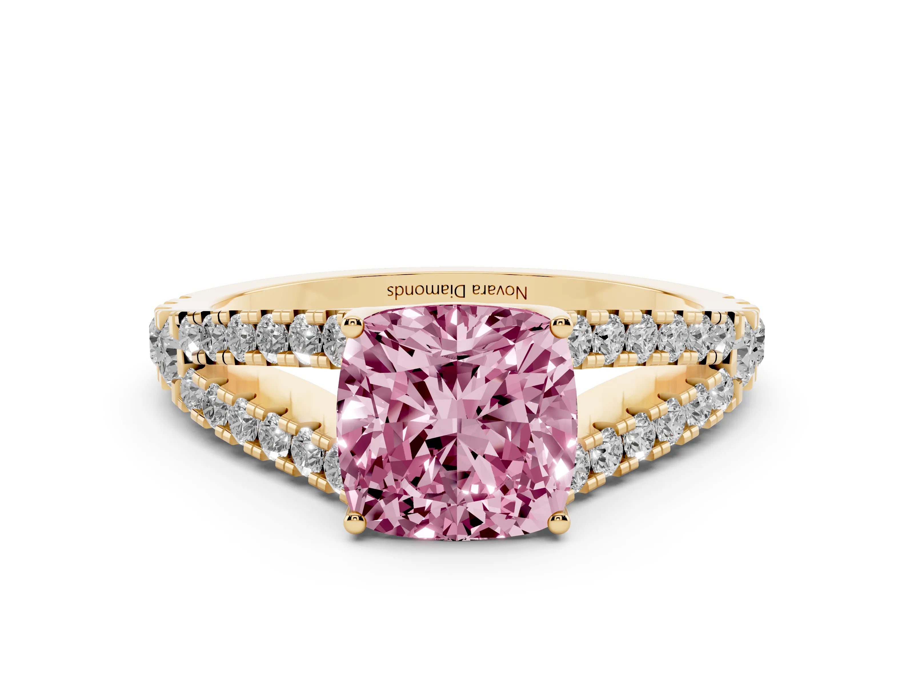 Fancy Pink Cushion Cut Diamond Split Shank Pavé Engagement Ring Set in Yellow gold with Prong-Held Center Stone