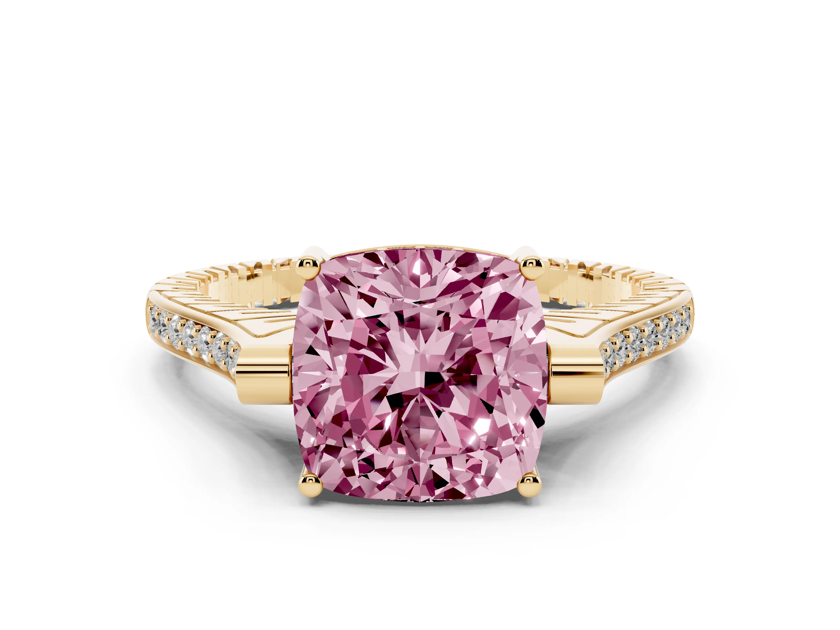 Fancy Pink Cushion Cut Diamond Solitaire Ring Set in Yellow gold with Channel Set Band and Bezel Prong Setting