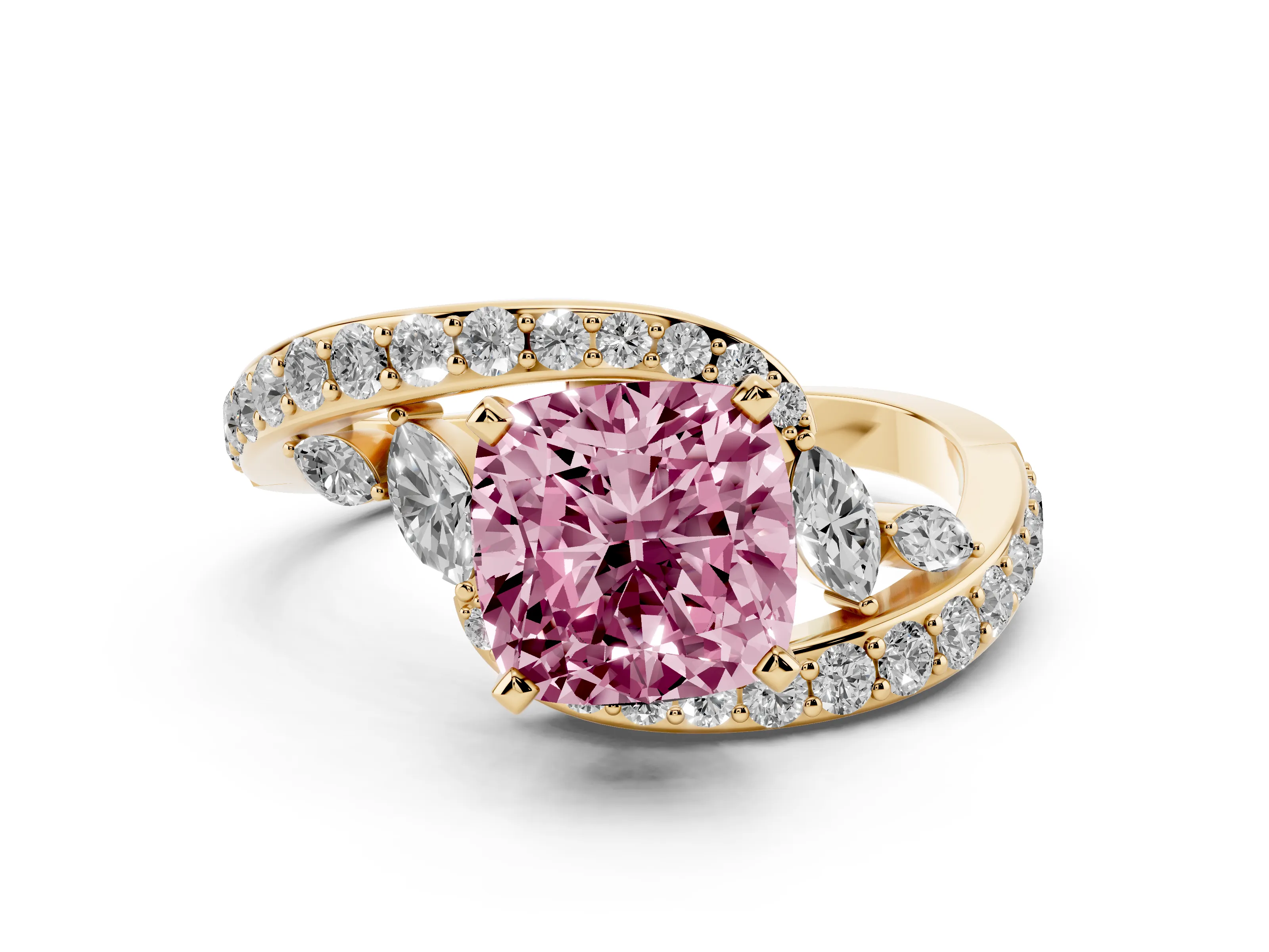 Fancy Pink Cushion Cut Diamond Solitaire Ring Set in Yellow gold with Pavé Twist Band and Secure Prong Setting