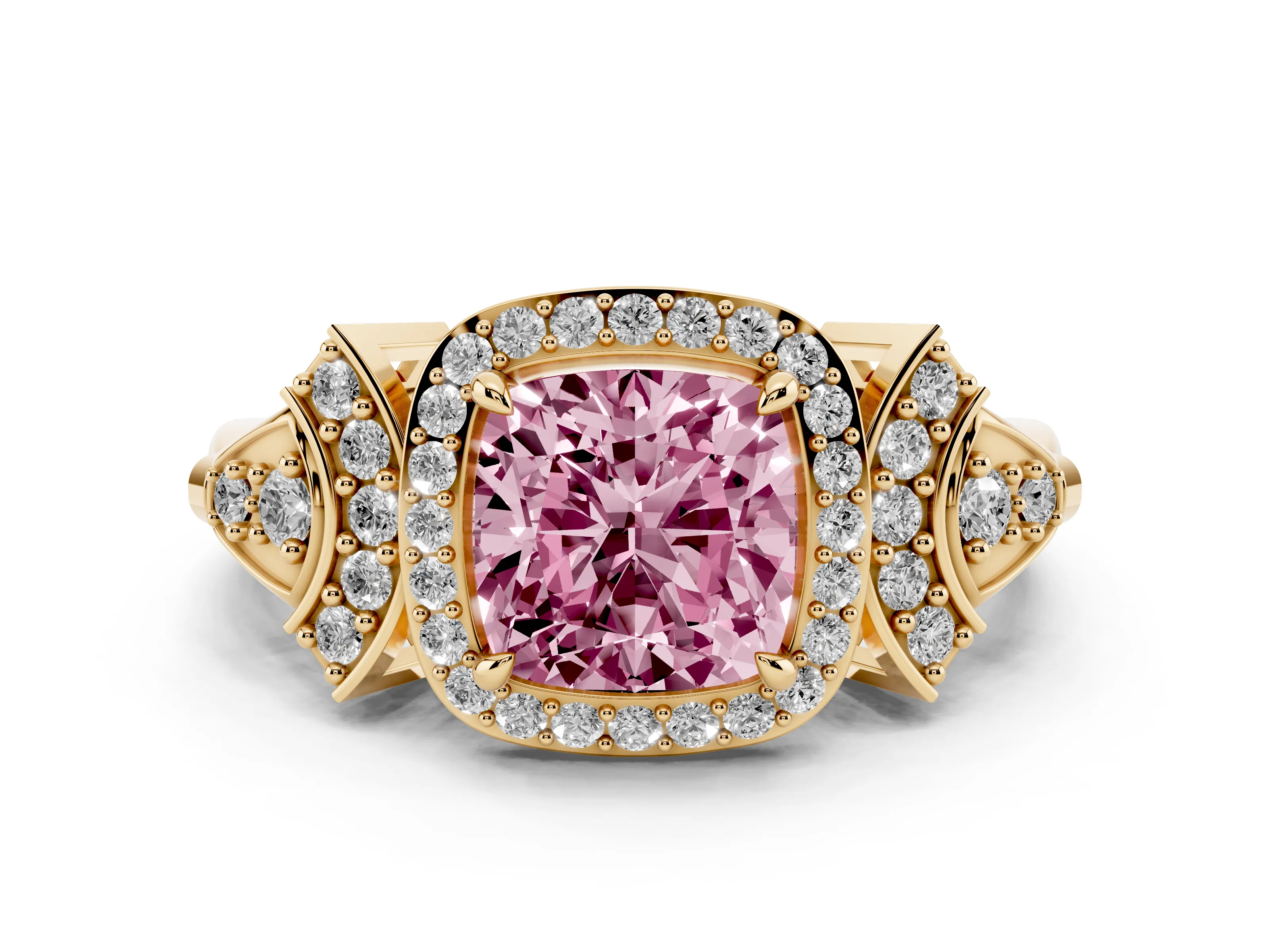 Fancy Pink Cushion Cut Diamond Halo Engagement Ring Set in Yellow gold with Accent Stone Split Shank