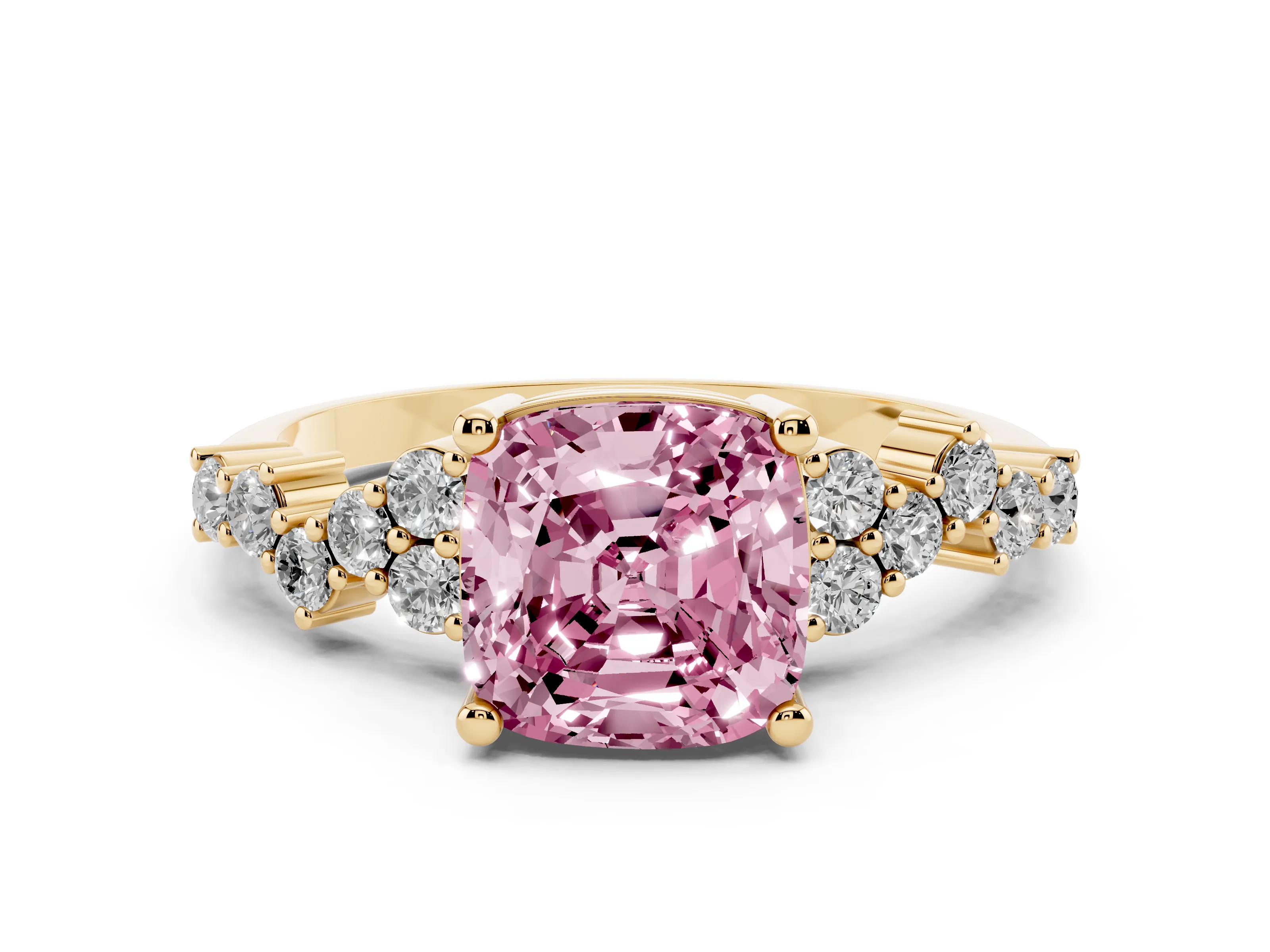 Fancy Pink Cushion Cut Diamond Ring Set in Yellow gold with Scattered Round Accents