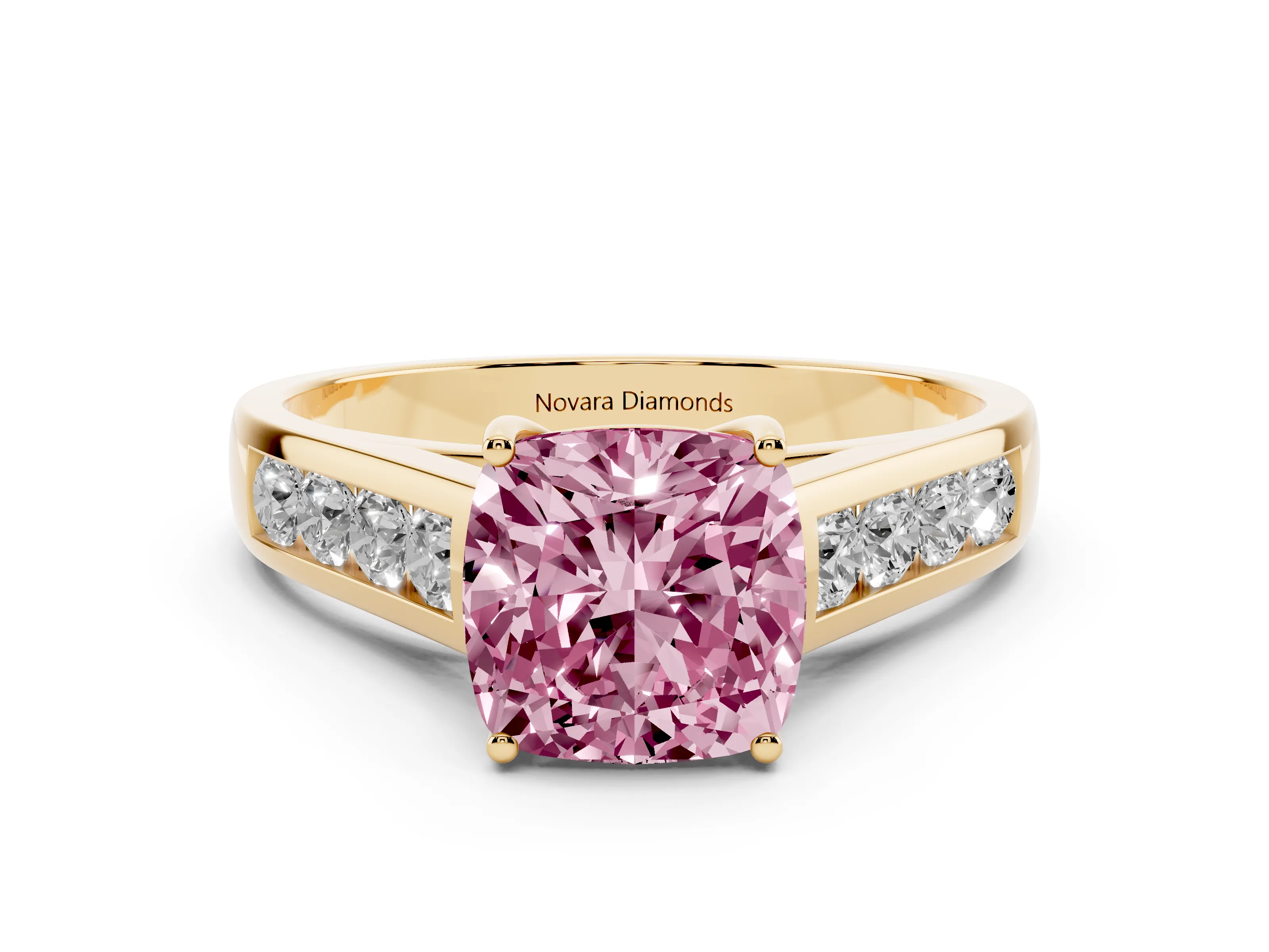 Fancy Pink Cushion Cut Diamond Brilliant Channel-Set Solitaire Ring Set in Yellow gold with Prong Setting