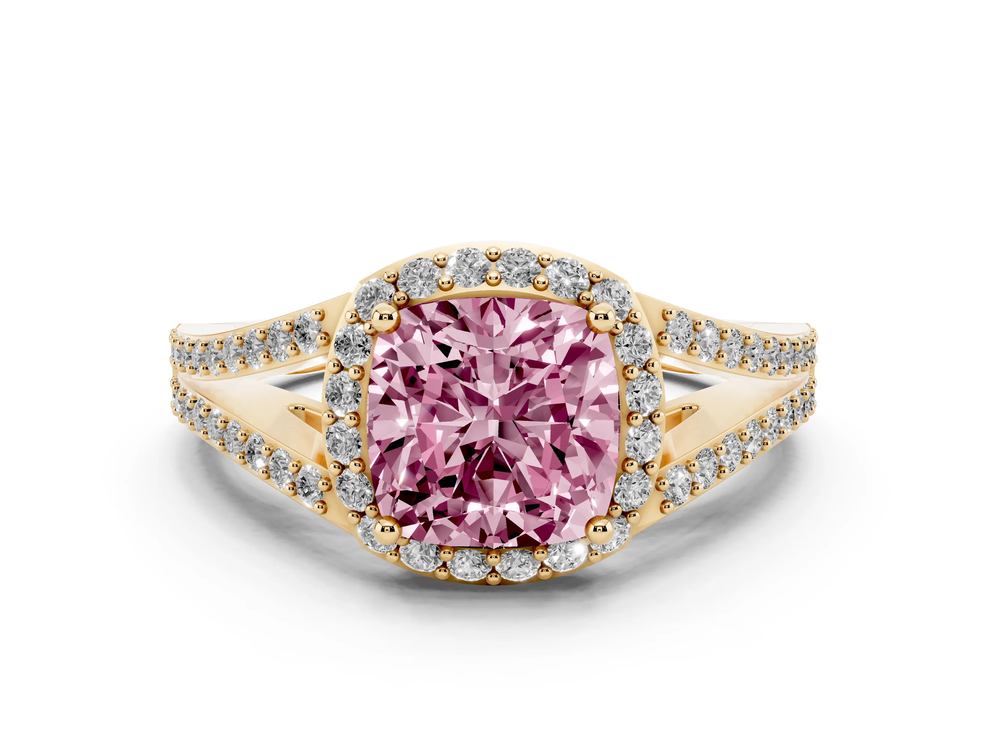 Fancy Pink Cushion Cut Diamond Halo Split Shank Ring Set in Yellow gold with Accent Stones and Prong Setting