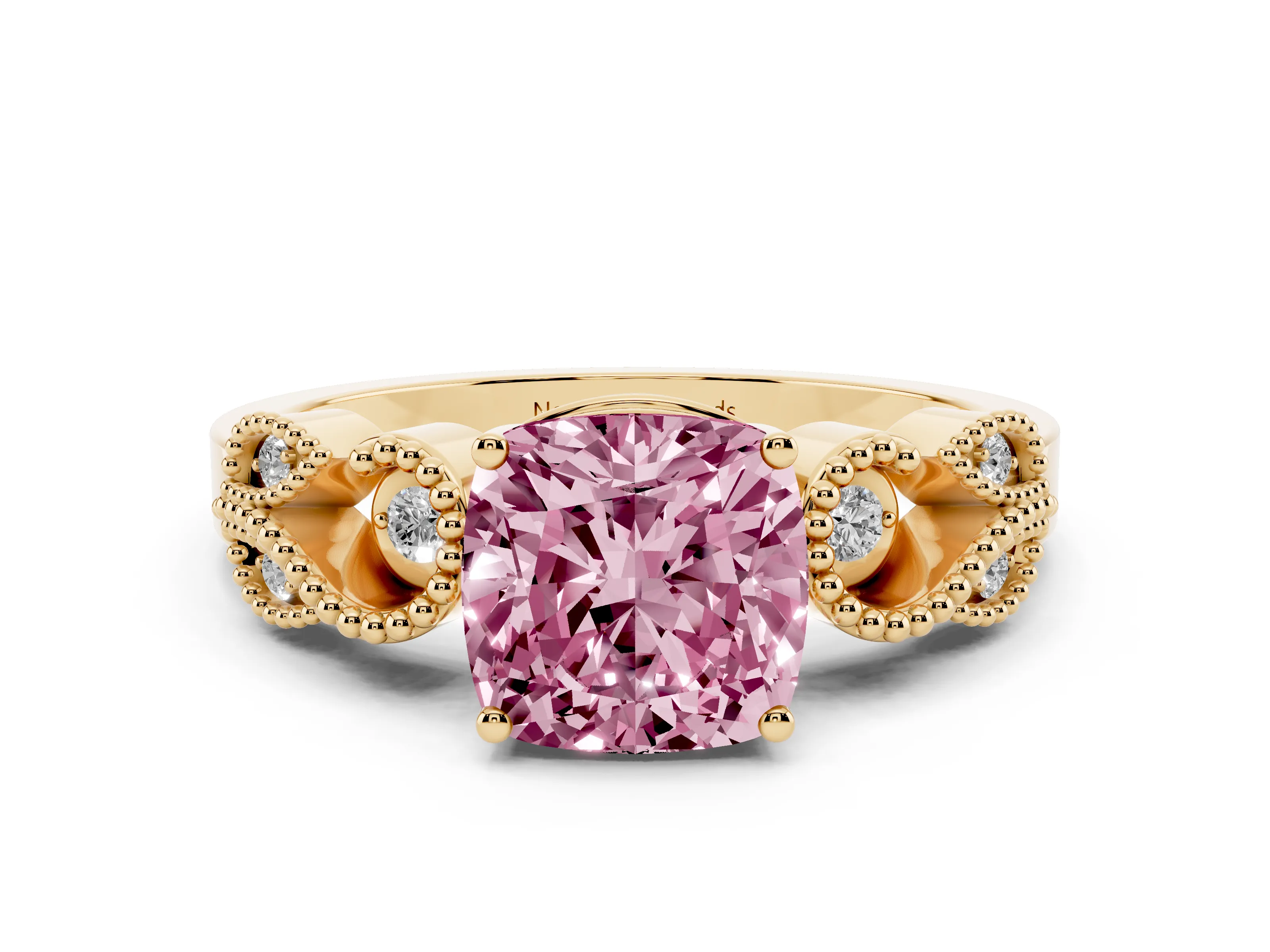 Fancy Pink Cushion Cut Diamond Milgrain Leaf Band Solitaire Ring Set in Yellow gold with Accent Stones and Prong Setting