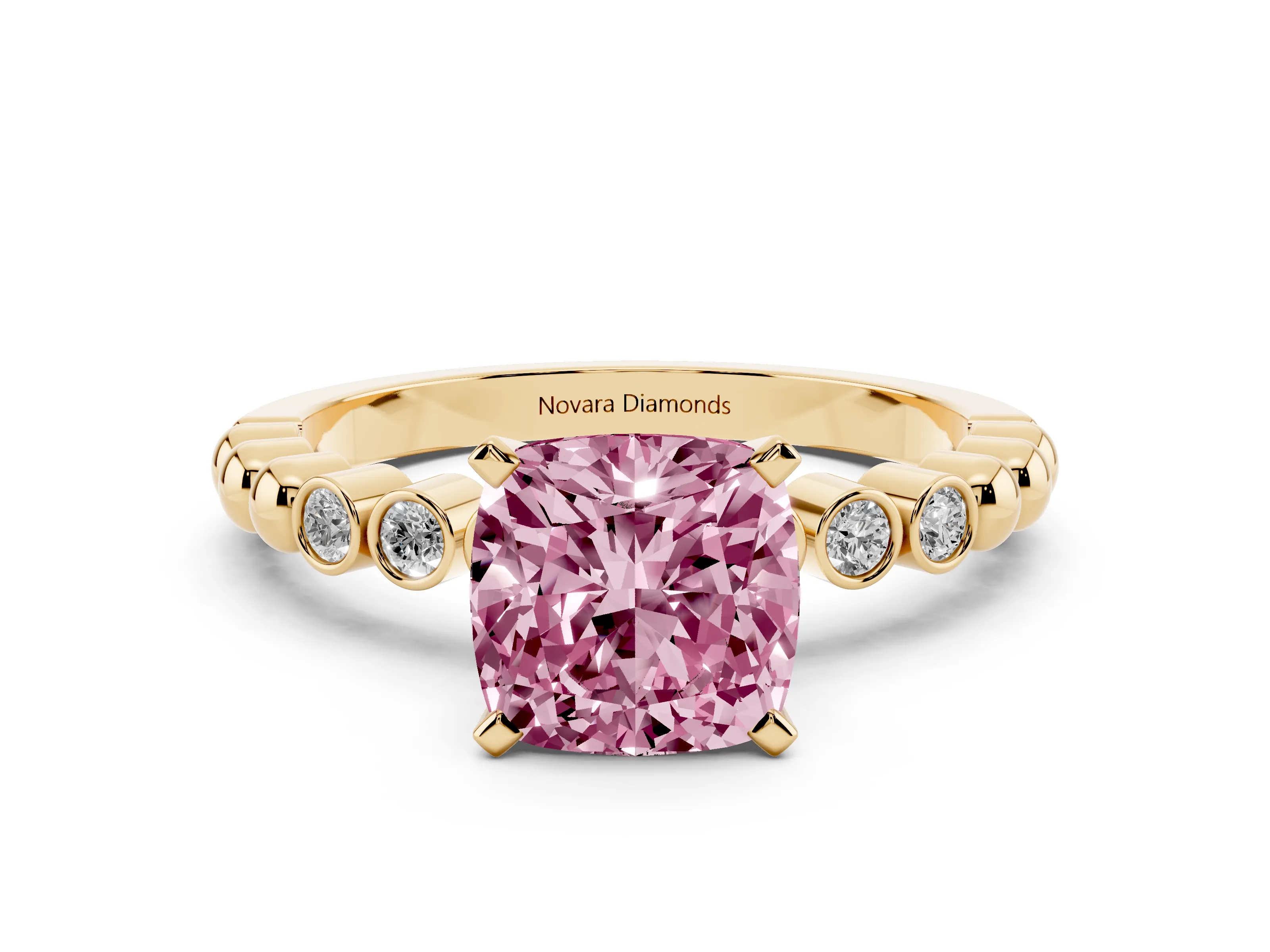 Fancy Pink Cushion Cut Diamond Solitaire Engagement Ring Set in Yellow gold with Bezel Accents on Beaded Band