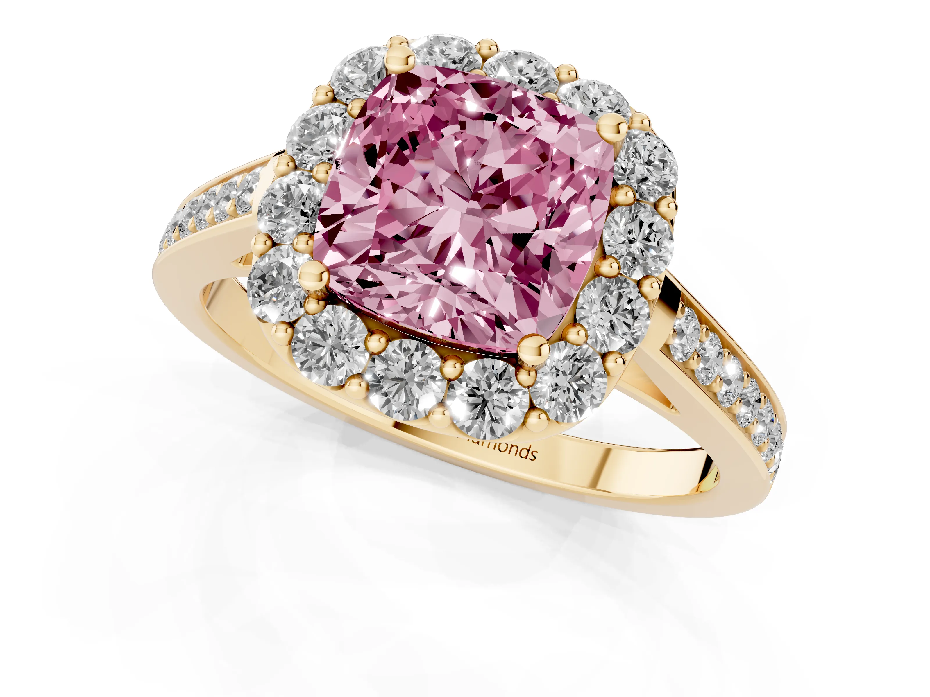 Fancy Pink Cushion Cut Diamond Floral Halo Ring Set in Yellow gold with Pavé Band and Prong Setting