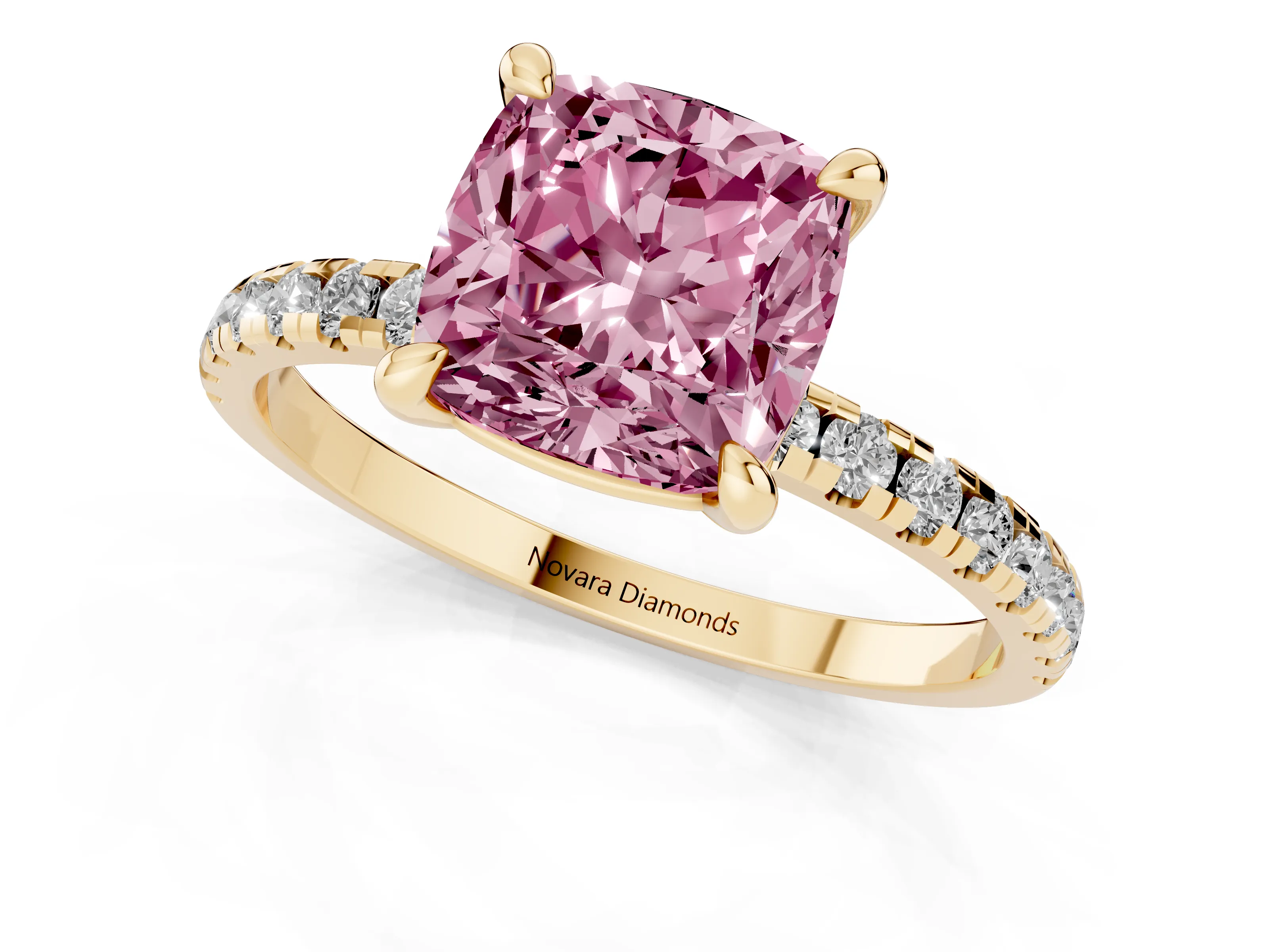 Fancy Pink Cushion Cut Diamond Brilliant Solitaire Ring Set in Yellow gold with Pavé Band and Prong Setting