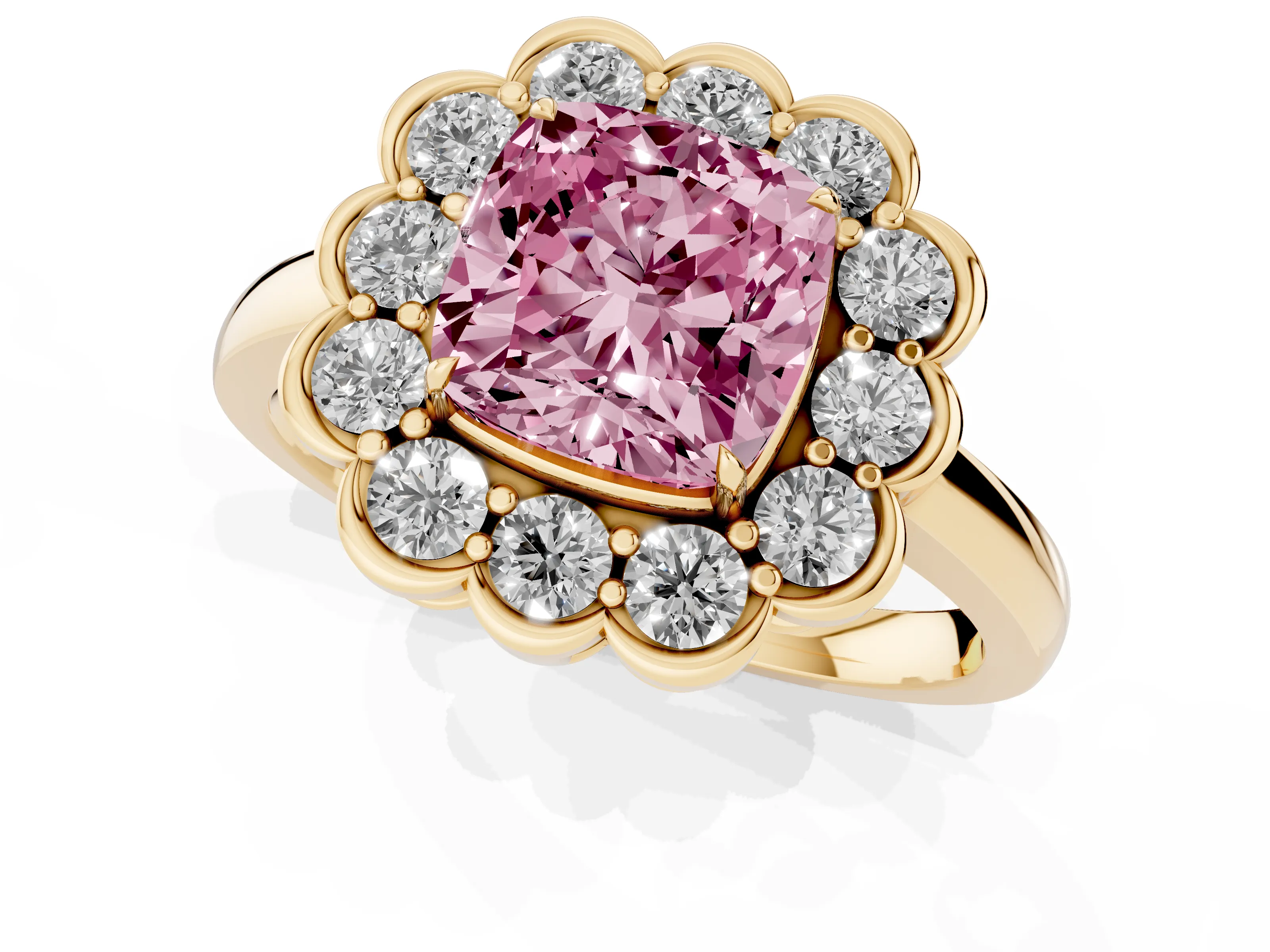 Fancy Pink Cushion Cut Diamond Halo Cluster Engagement Ring Set in Yellow gold with Solitaire Band and Prong Setting