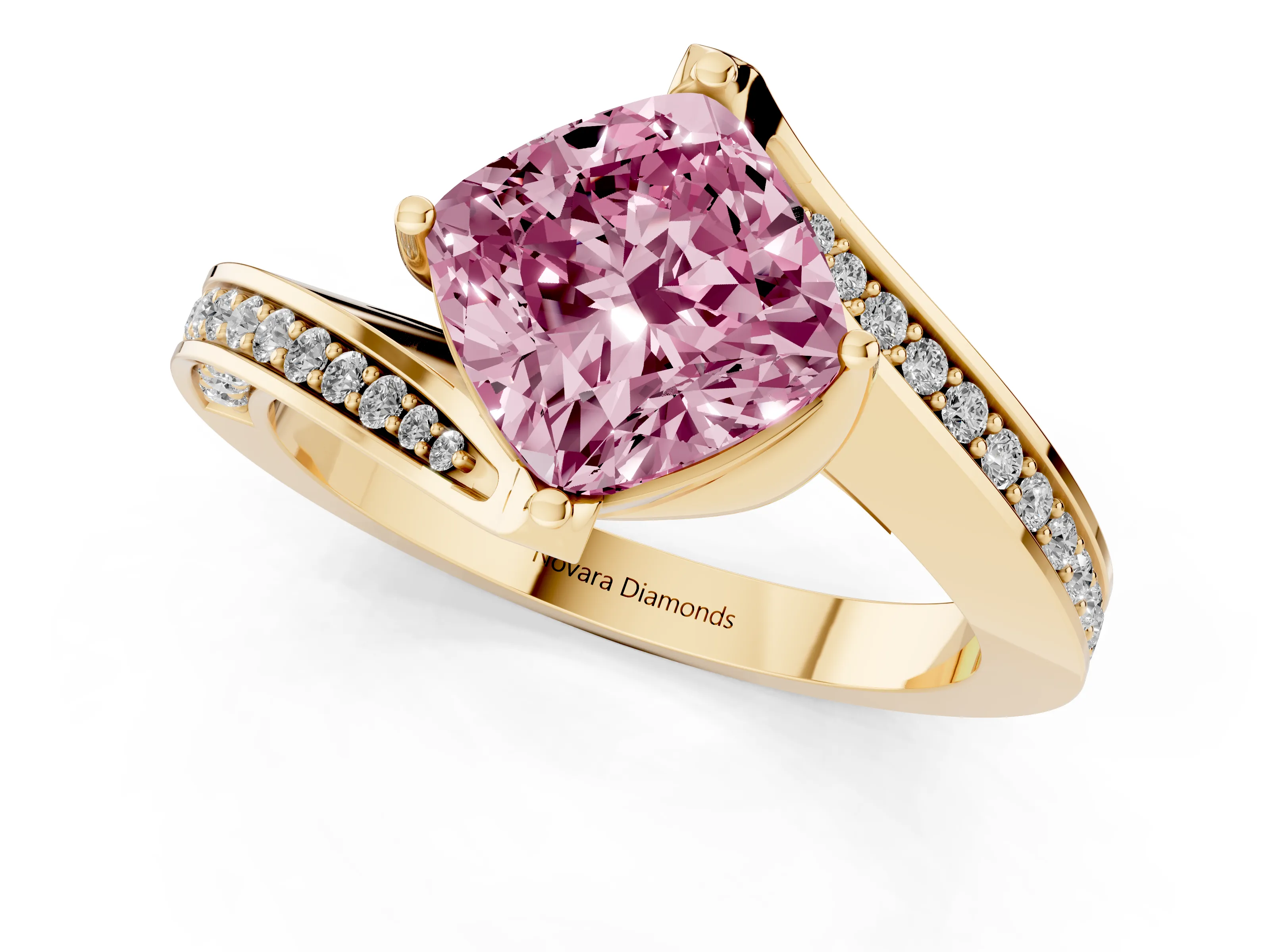 Fancy Pink Cushion Cut Diamond Solitaire Ring Set in Yellow gold with Intertwined Pavé Twist Band