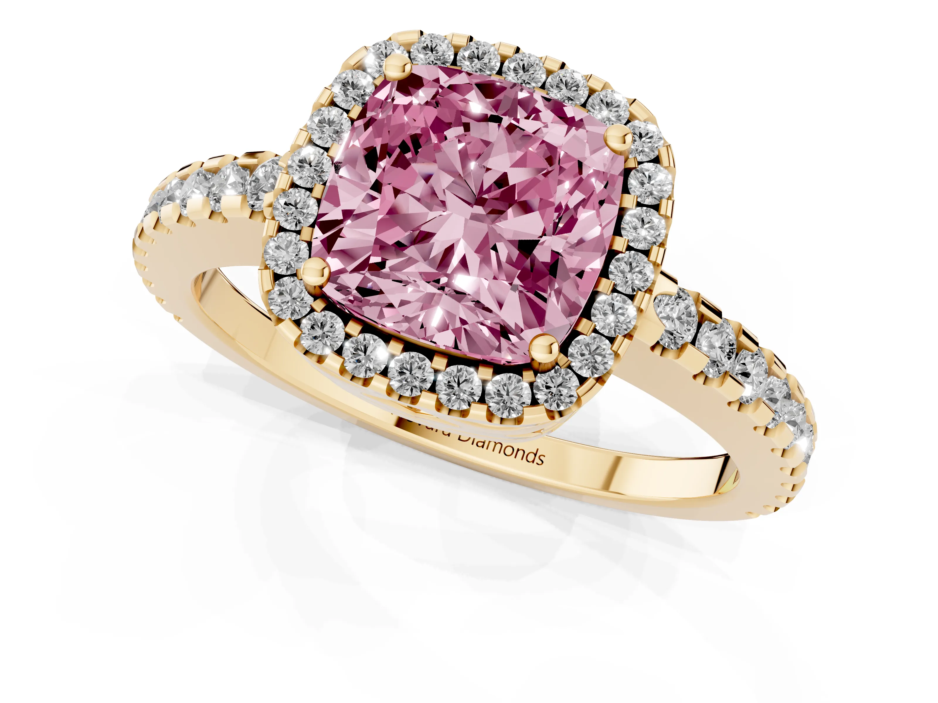 Fancy Pink Cushion Cut Diamond Halo Ring Set in Yellow gold with Pavé Shoulders and Halo-Framed Center