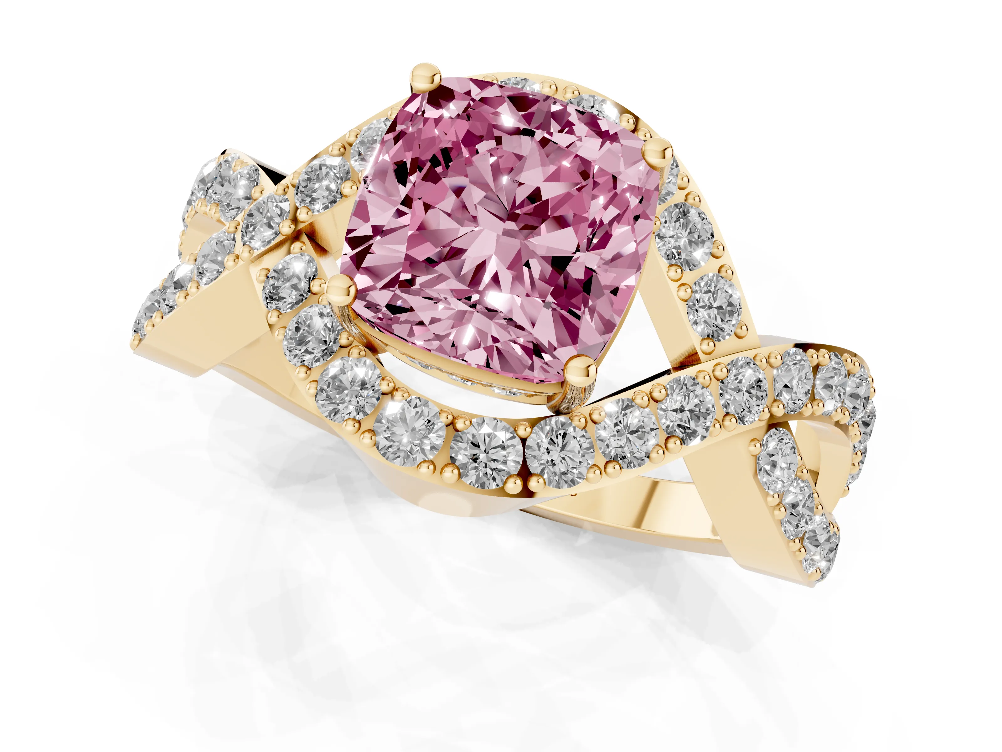 Fancy Pink Cushion Cut Diamond Solitaire Twist Band Pavé Engagement Ring Set in Yellow gold