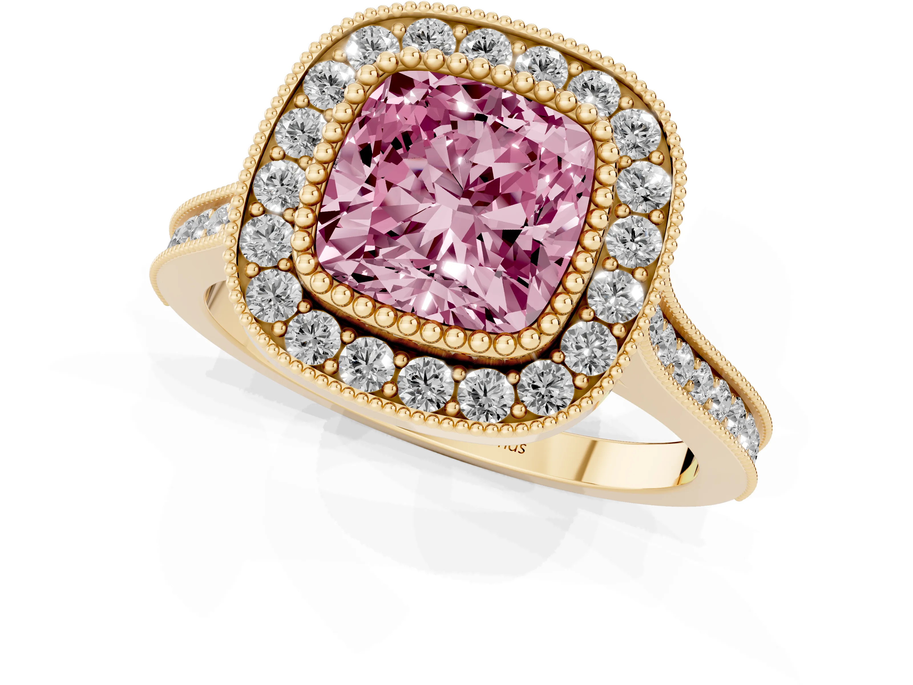 Fancy Pink Cushion Cut Diamond Halo Ring Set in Yellow gold with Milgrain Frame and Pavé Band