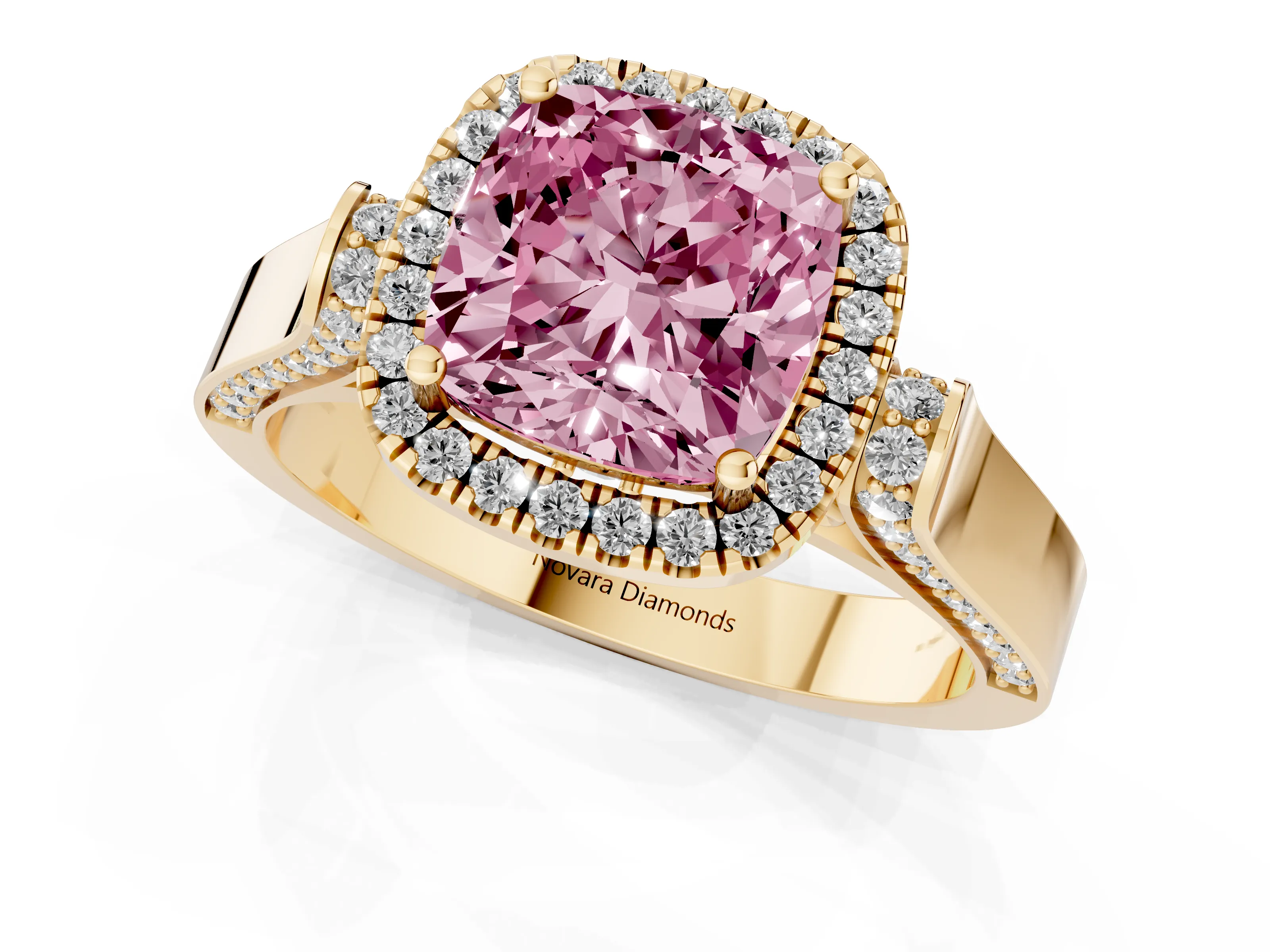 Fancy Pink Cushion Cut Diamond Halo Ring Set in Yellow gold with Pavé-Lined Split Shank Band