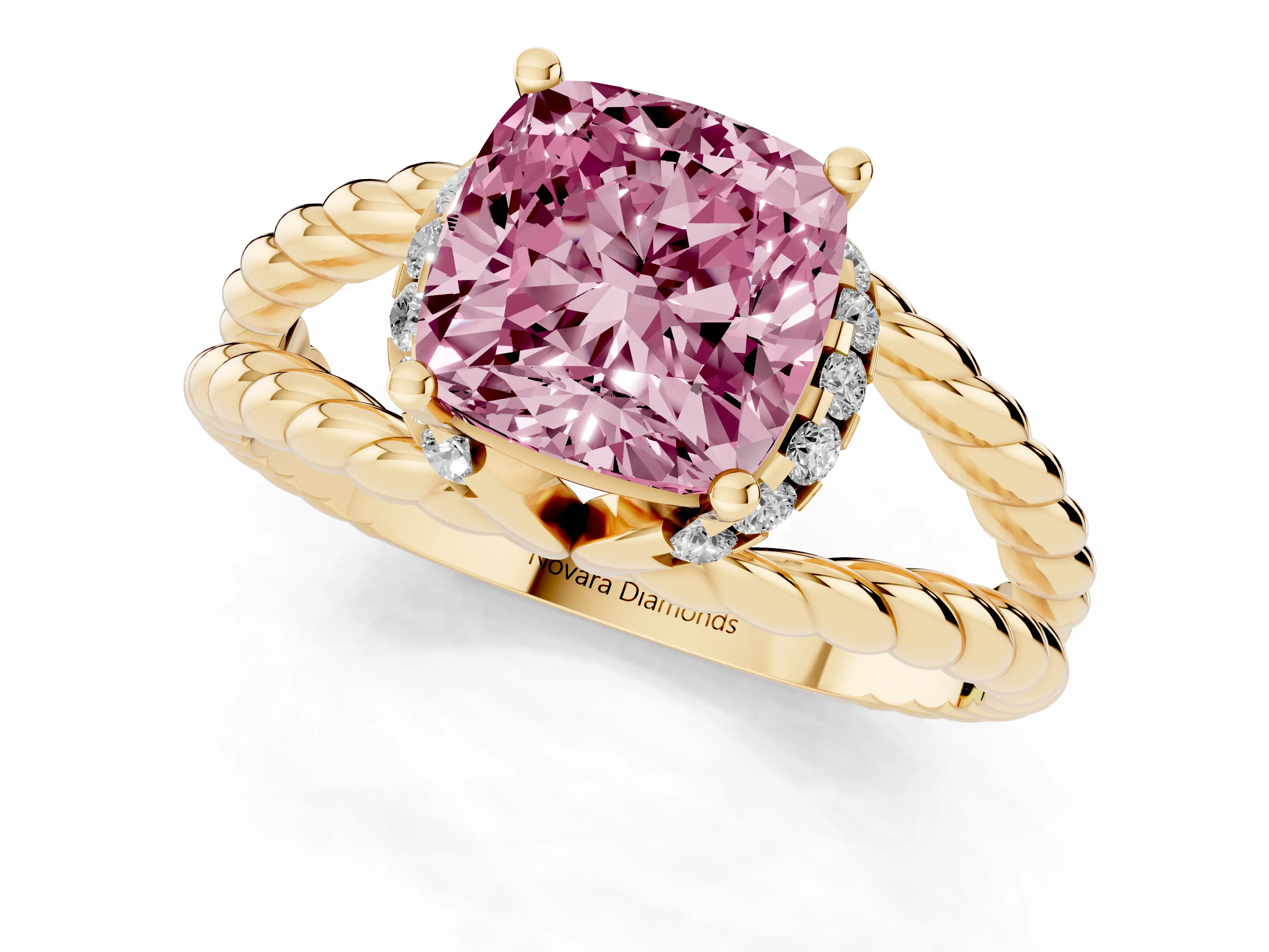 Fancy Pink Cushion Cut Diamond Halo Ring Set in Yellow gold with Twisted Band and Prong Setting
