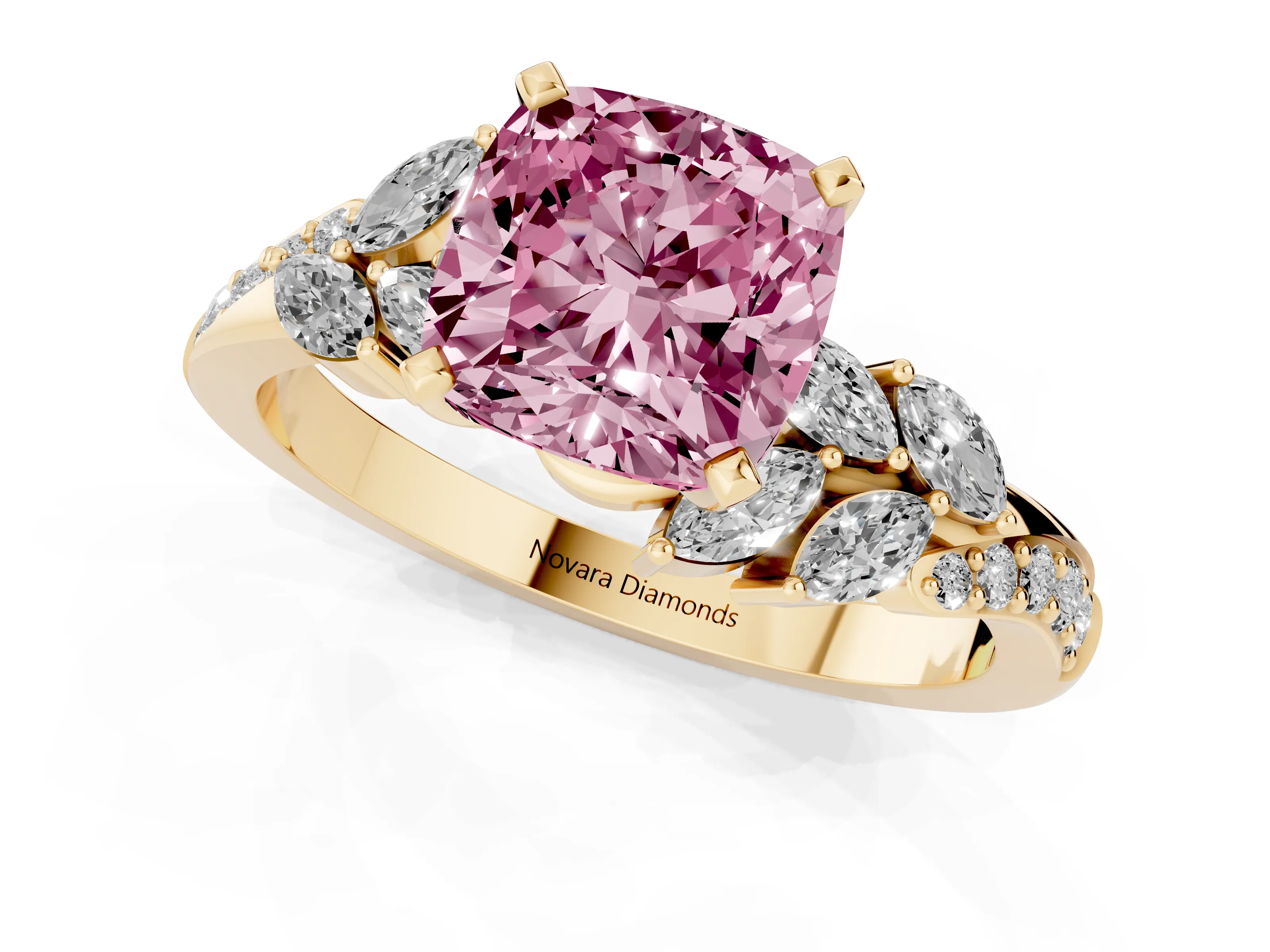 Fancy Pink Cushion Cut Diamond Solitaire Ring Set in Yellow gold with Marquise Twist Band and Prong Setting