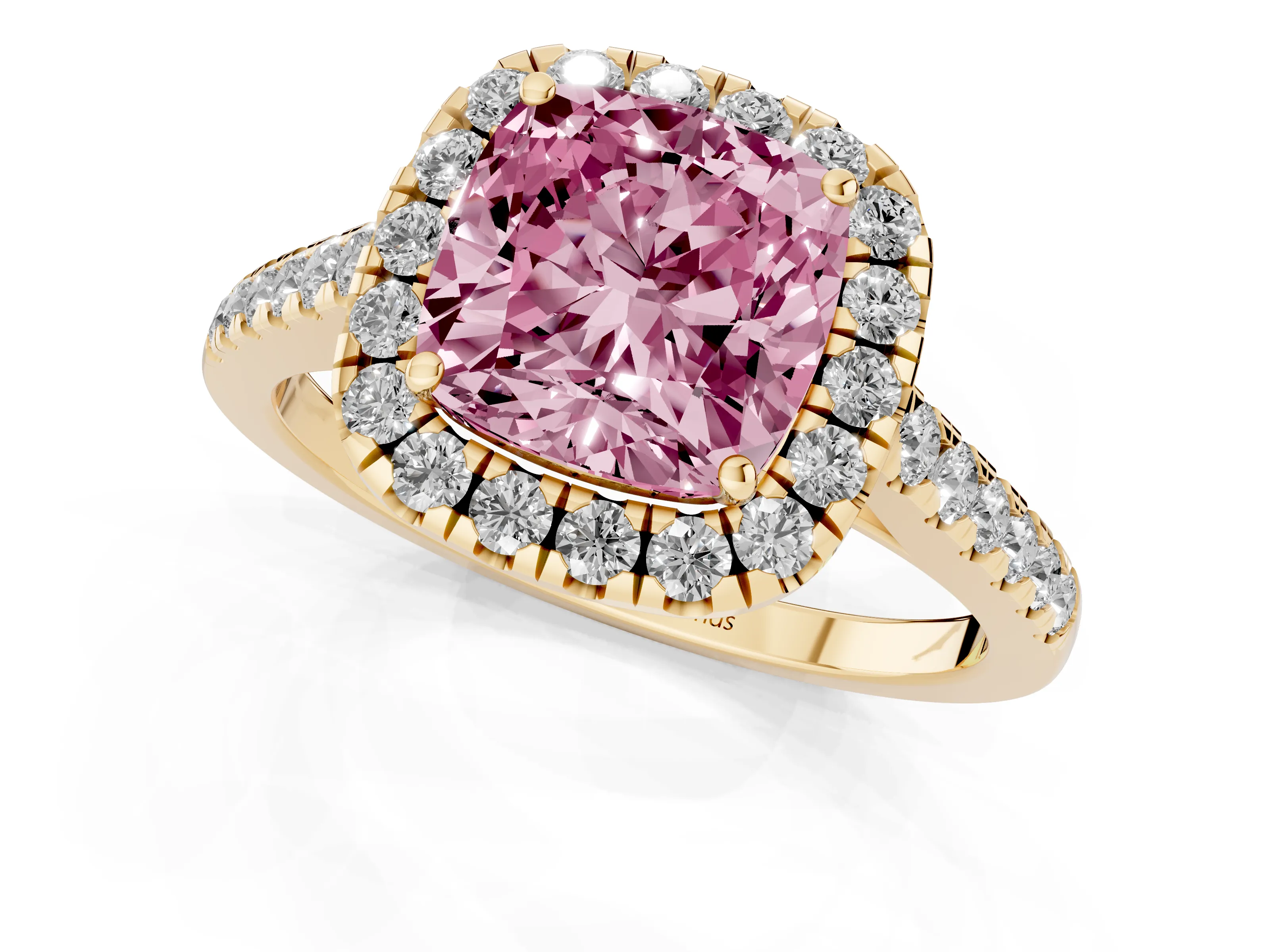 Fancy Pink Cushion Cut Diamond Halo Pavé Engagement Ring Set in Yellow gold with Prong Setting