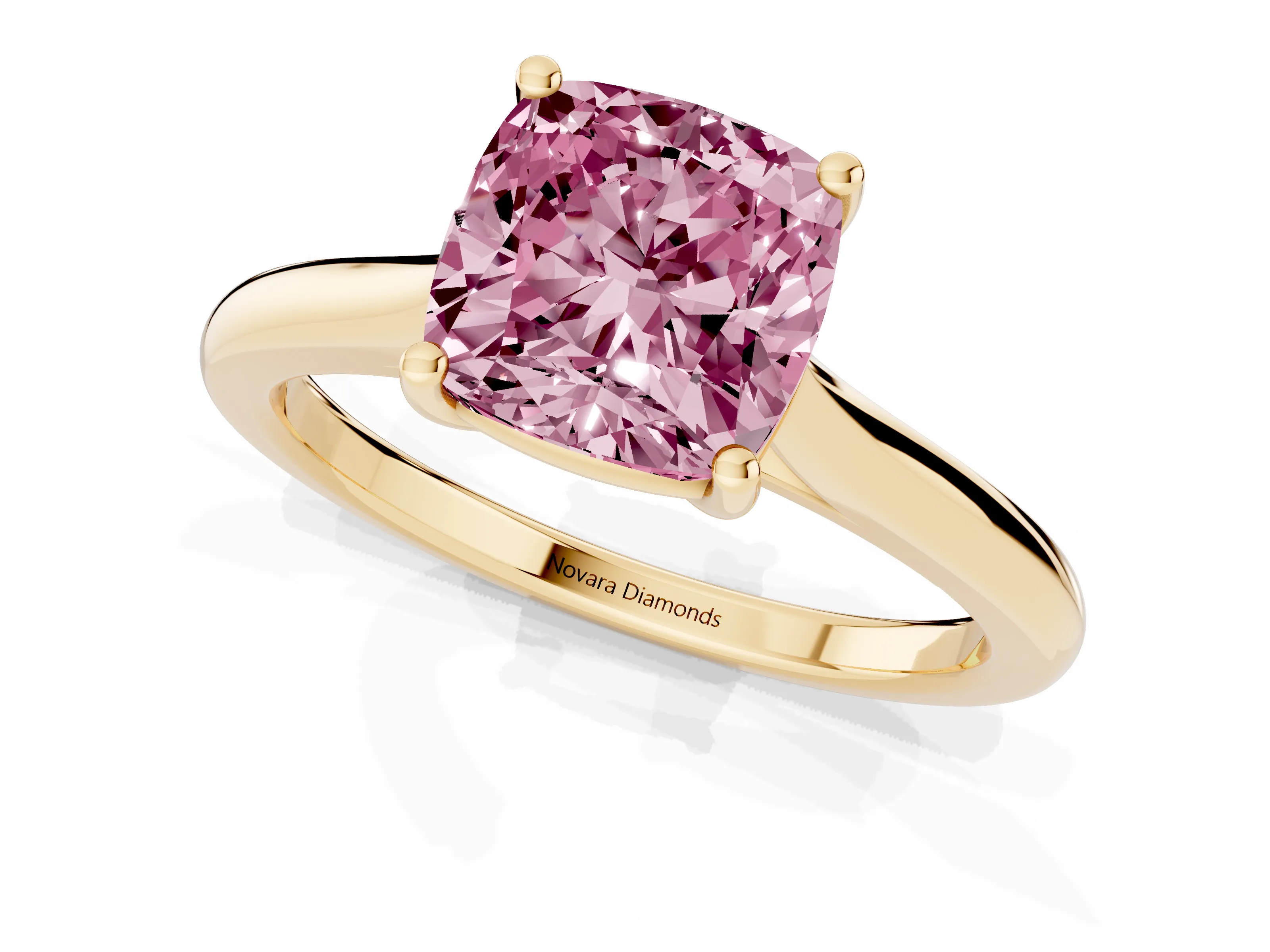 Fancy Pink Cushion Cut Diamond Solitaire Ring Set in Yellow gold with Cathedral Band and Prong Setting
