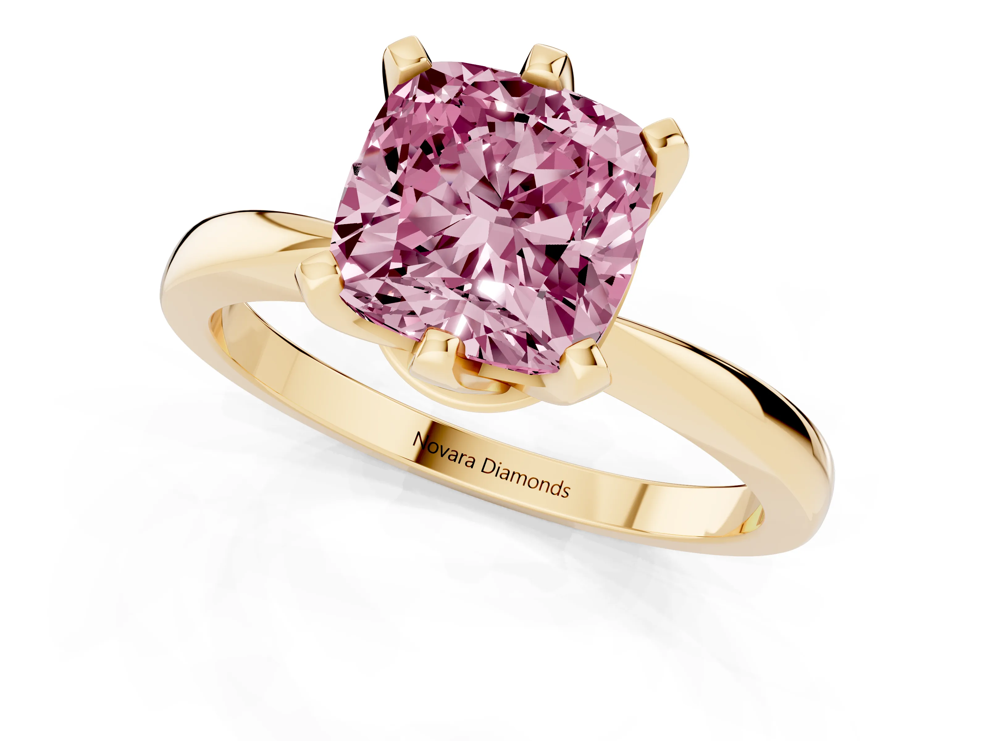 Fancy Pink Cushion Cut Diamond Solitaire Engagement Ring Set in Yellow gold with Slim Tapered Solitaire Band
