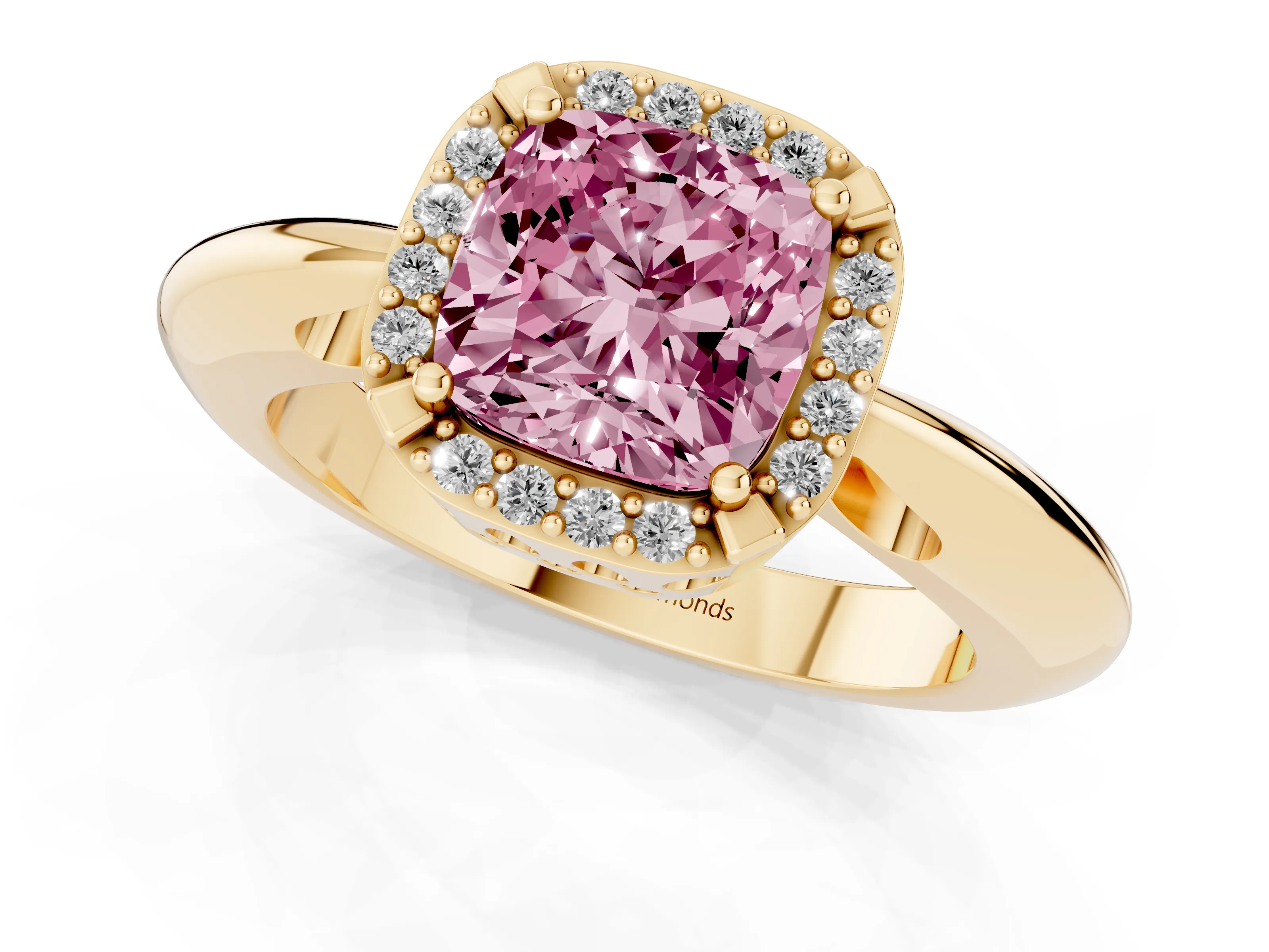 Fancy Pink Cushion Cut Diamond Halo Engagement Ring Set in Yellow gold with Plain Split Shank and Prong Setting