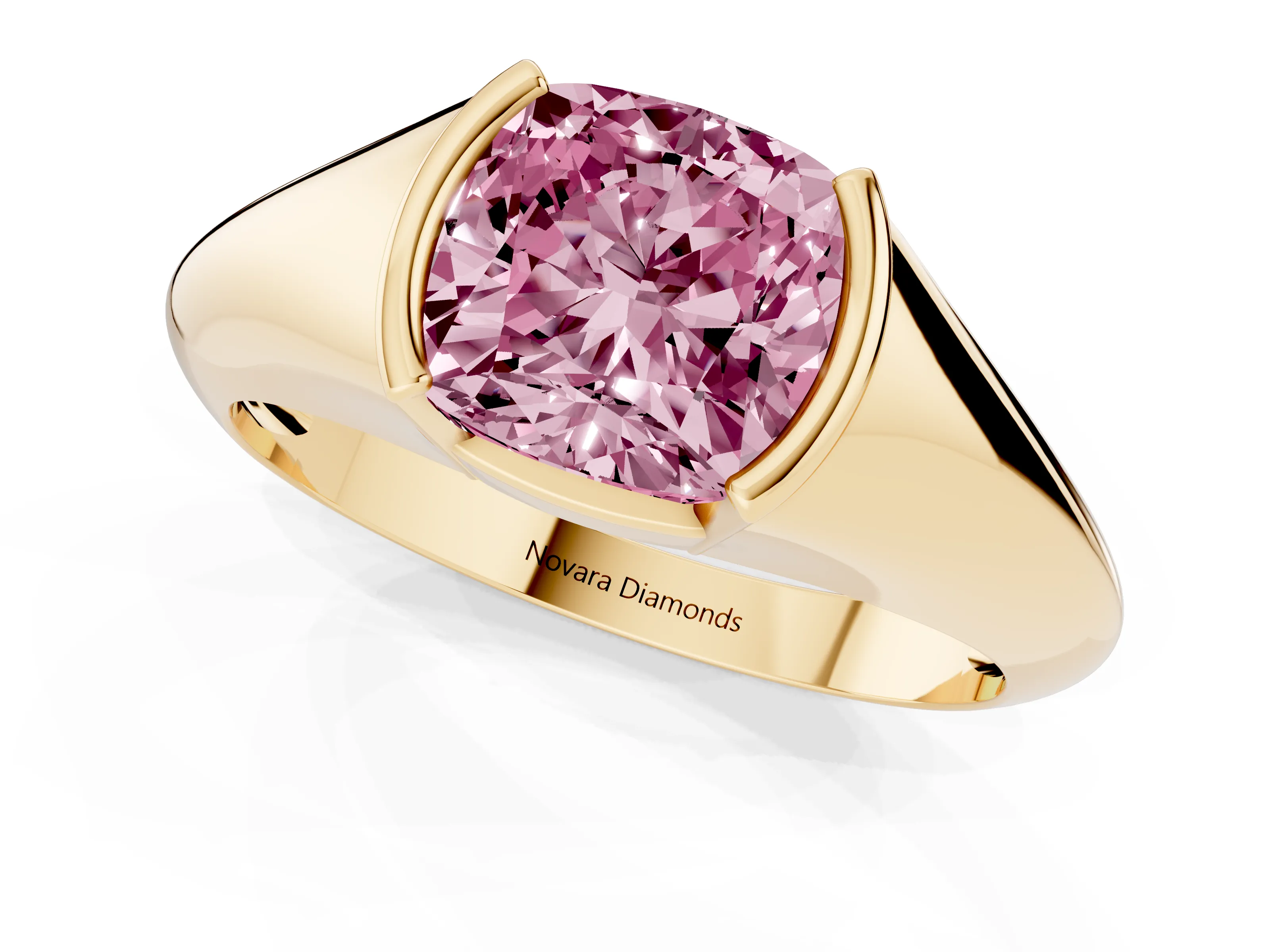 Fancy Pink Cushion Cut Diamond Solitaire Tension Set Ring Set in Yellow gold