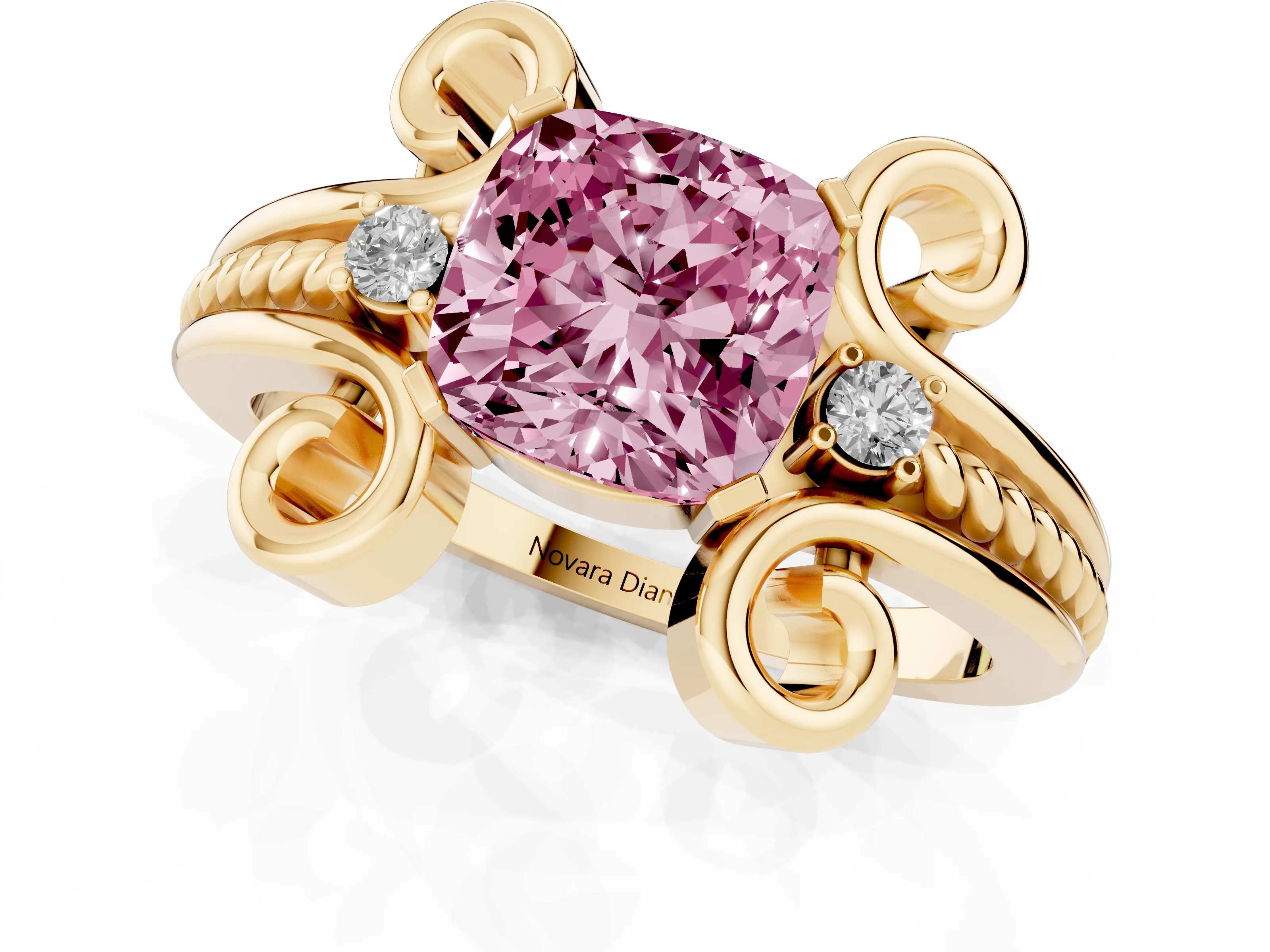 Fancy Pink Cushion Cut Diamond Twisted Band Solitaire Ring Set in Yellow gold with Scroll Prongs