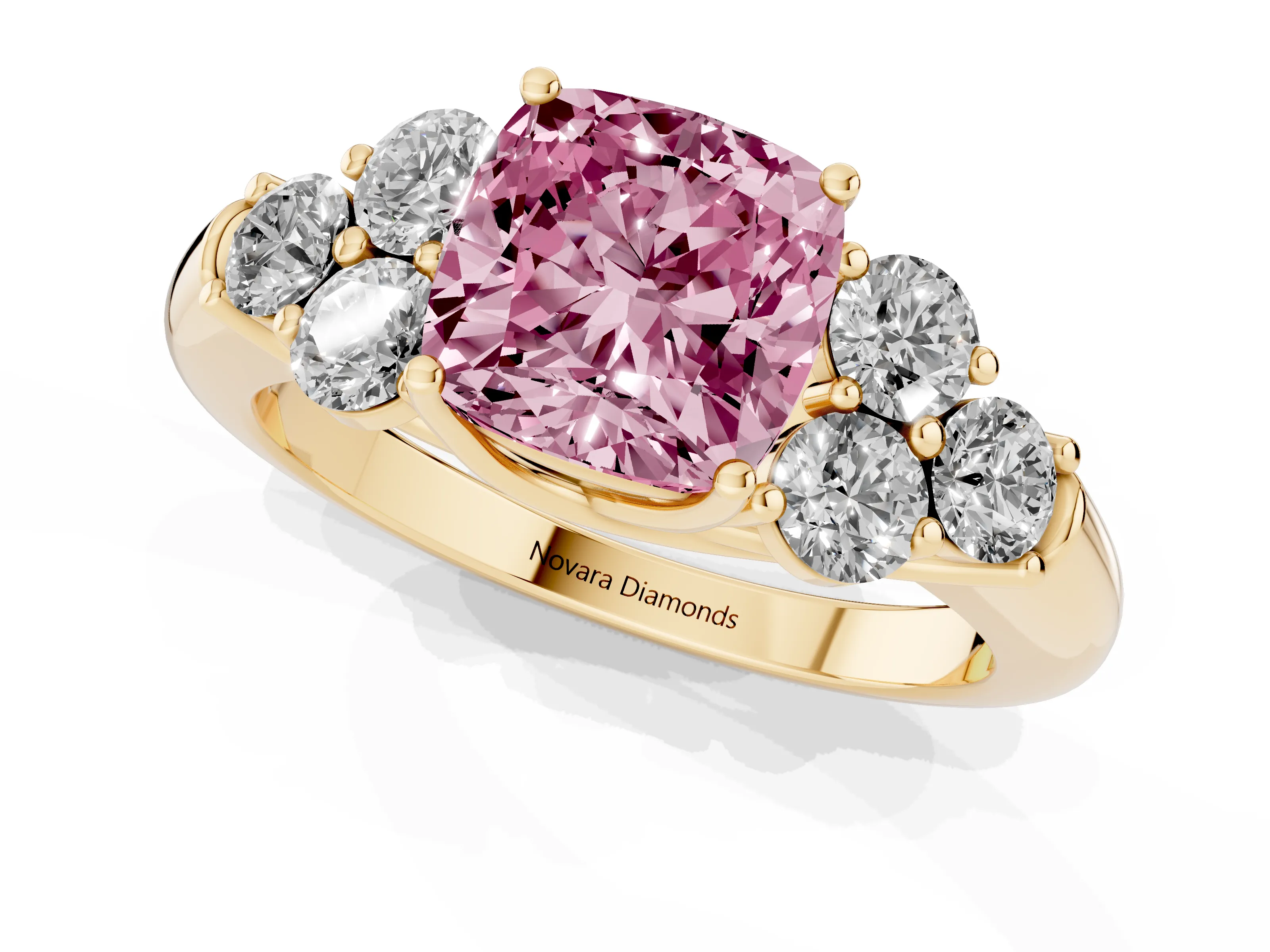 Fancy Pink Cushion Cut Diamond Cluster Ring Set in Yellow gold with Round Accent Stones and Prong Setting on a Plain Band