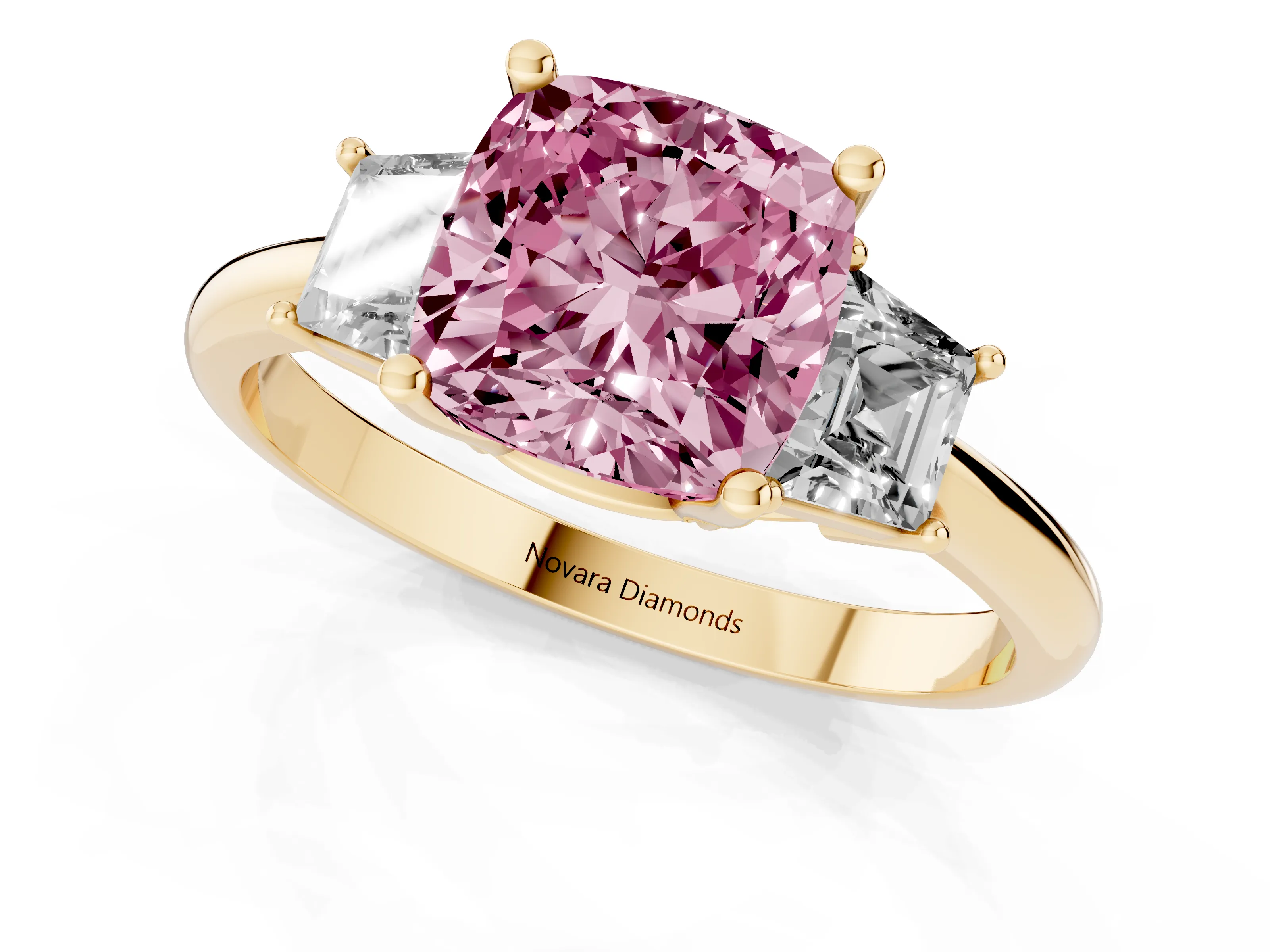 Fancy Pink Cushion Cut Diamond Three-Stone Ring Set in Yellow gold with Trapezoid Side Stones and Prong Setting – second view