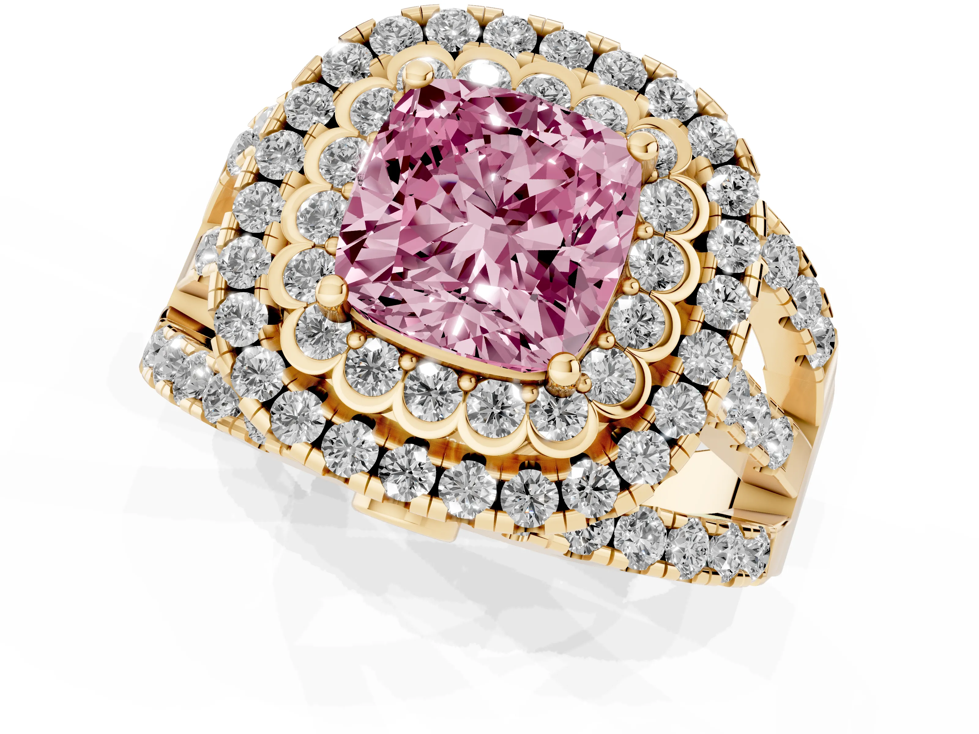 Fancy Pink Cushion Cut Diamond Double Halo Ring Set in Yellow gold with Round Pavé Split Shank – second view