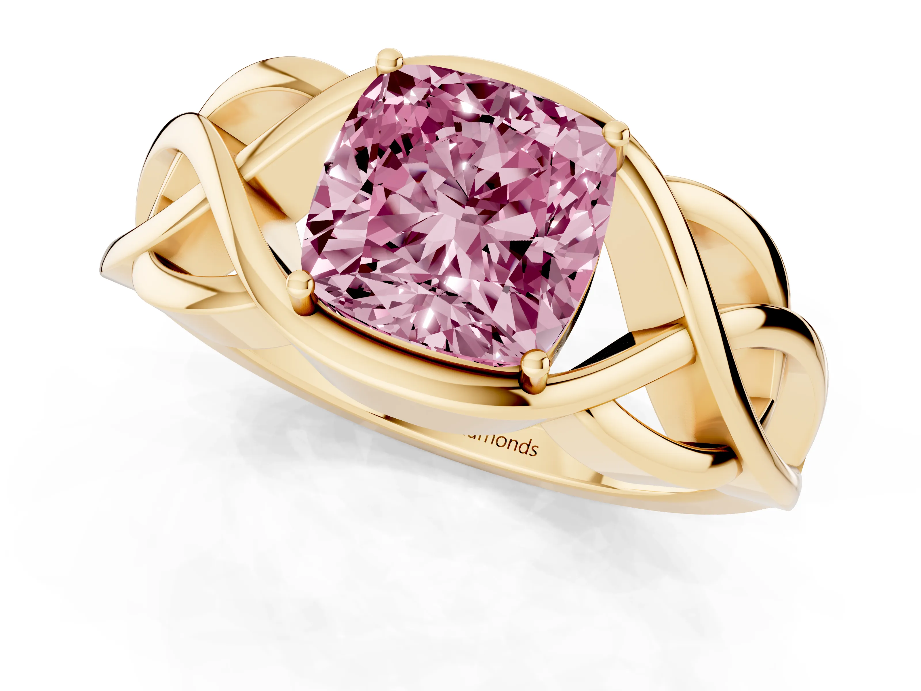Fancy Pink Cushion Cut Diamond Solitaire Ring Set in Yellow gold with Intertwined Band