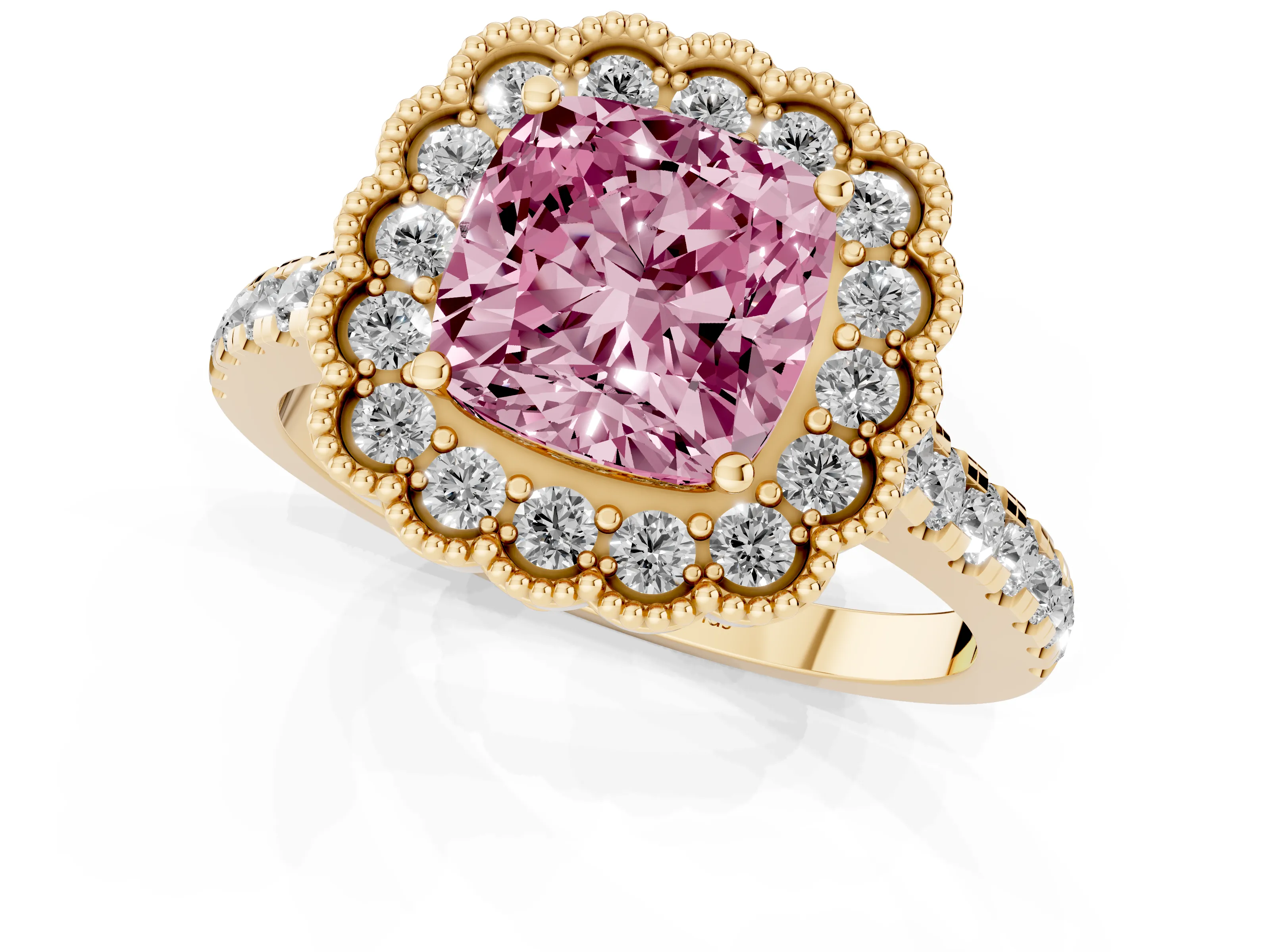 Fancy Pink Cushion Cut Diamond Milgrain Floral Halo Engagement Ring Set in Yellow gold with Pavé Band