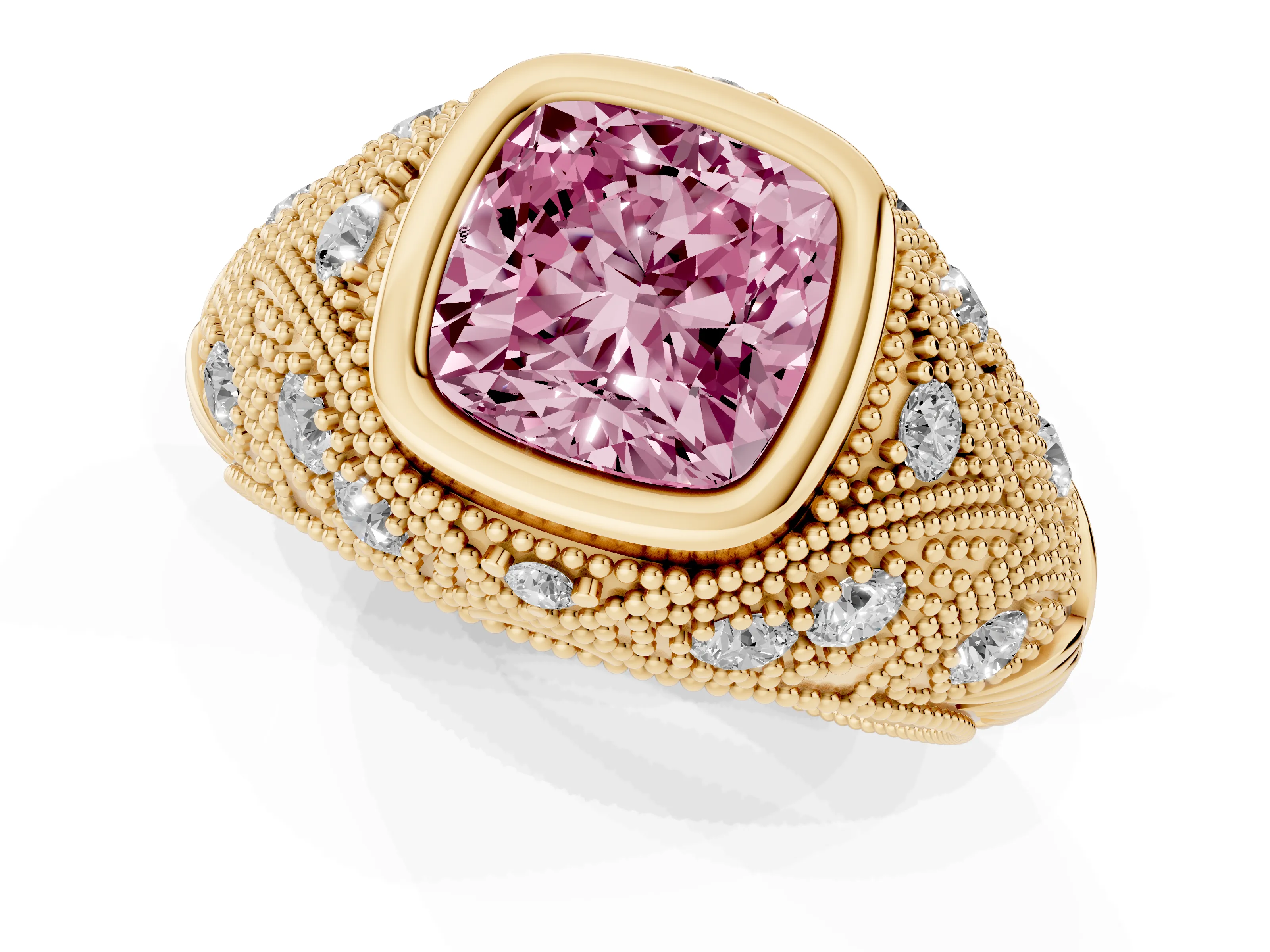 Fancy Pink Cushion Cut Diamond Bezel Ring Set in Yellow gold with Milgrain Accent Band