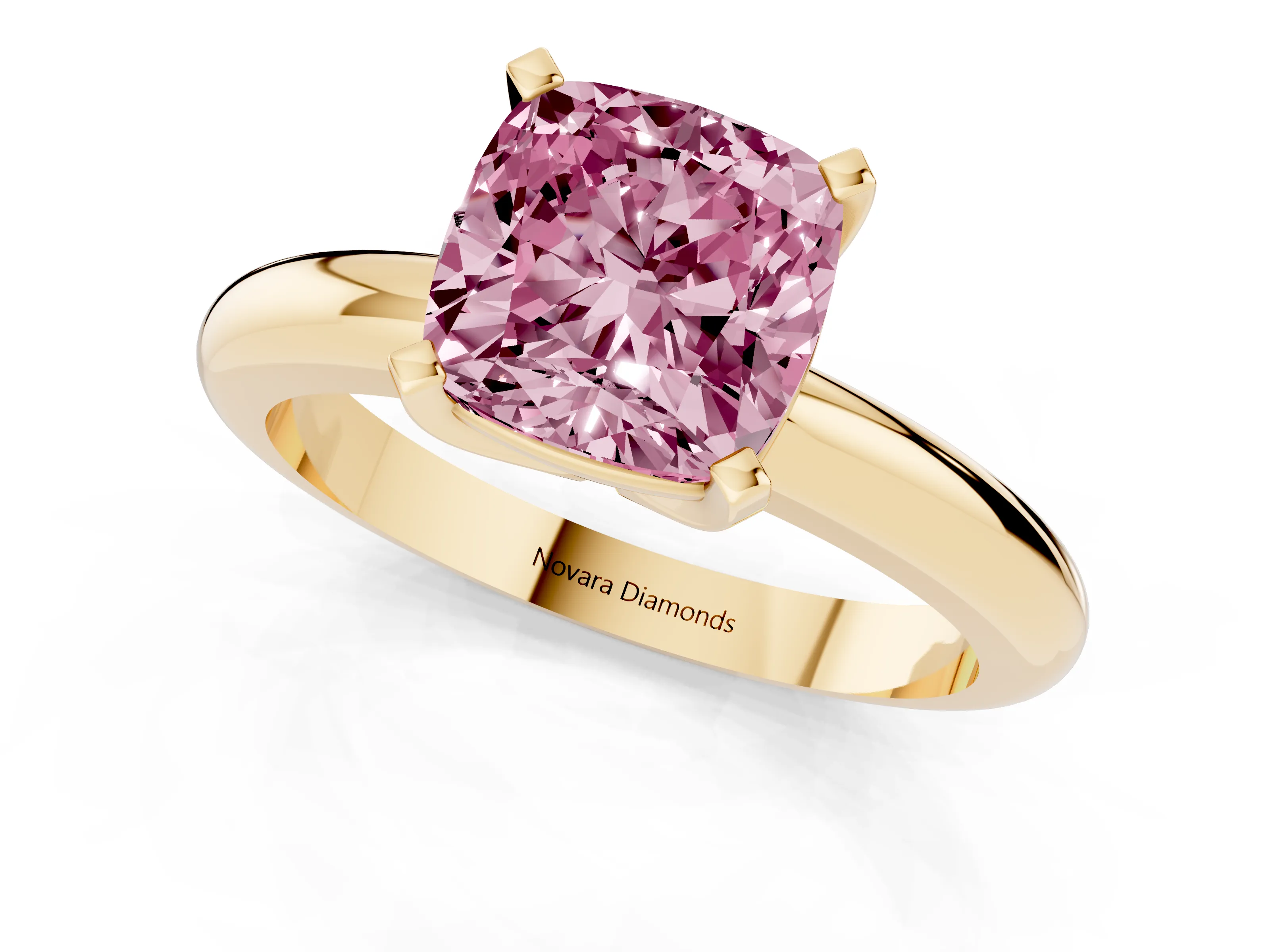 Fancy Pink Cushion Cut Diamond Solitaire Engagement Ring Set in Yellow gold with Round Band and Prong Setting