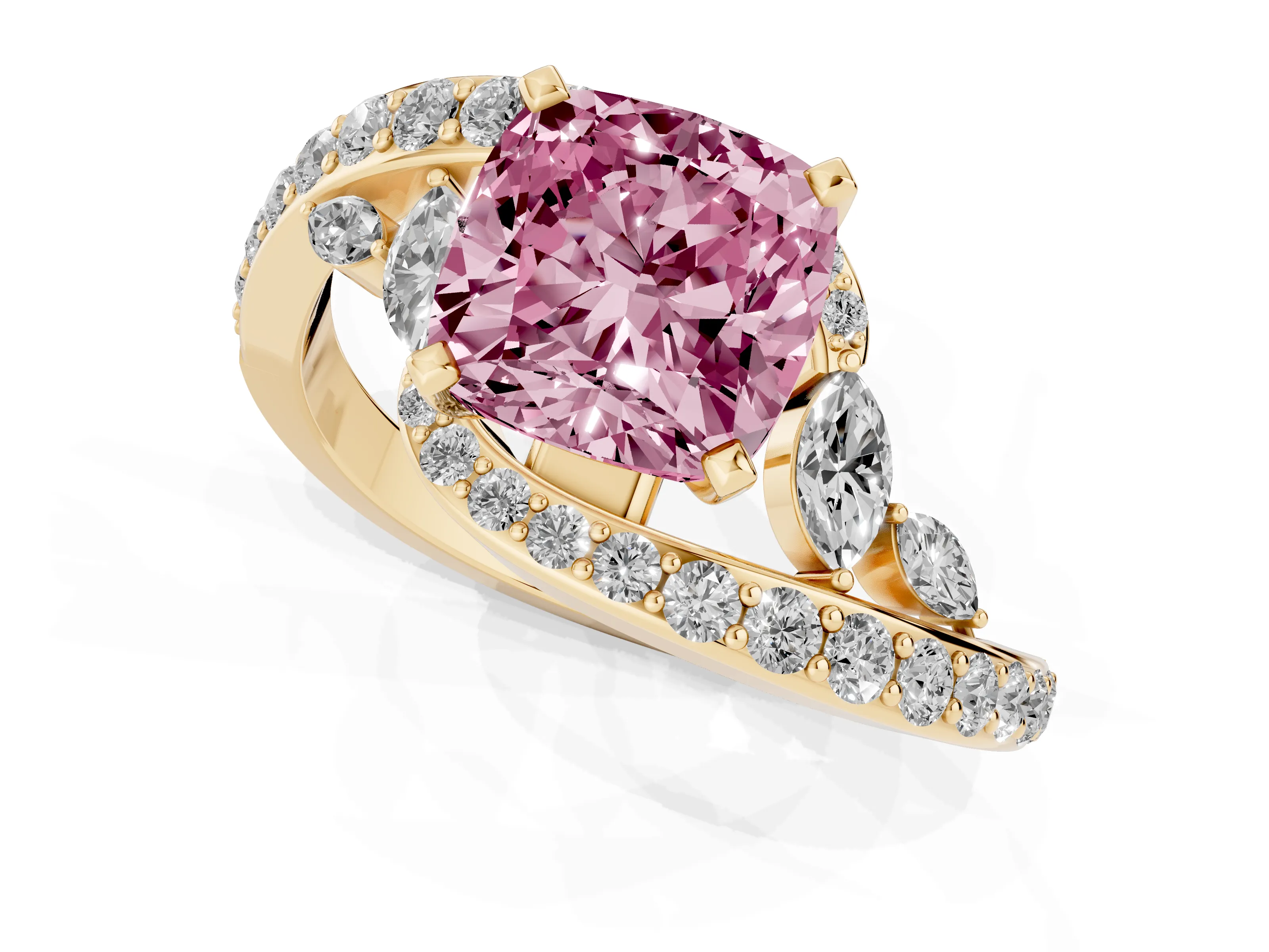 Fancy Pink Cushion Cut Diamond Solitaire Ring Set in Yellow gold with Filigree Band and Prong Setting