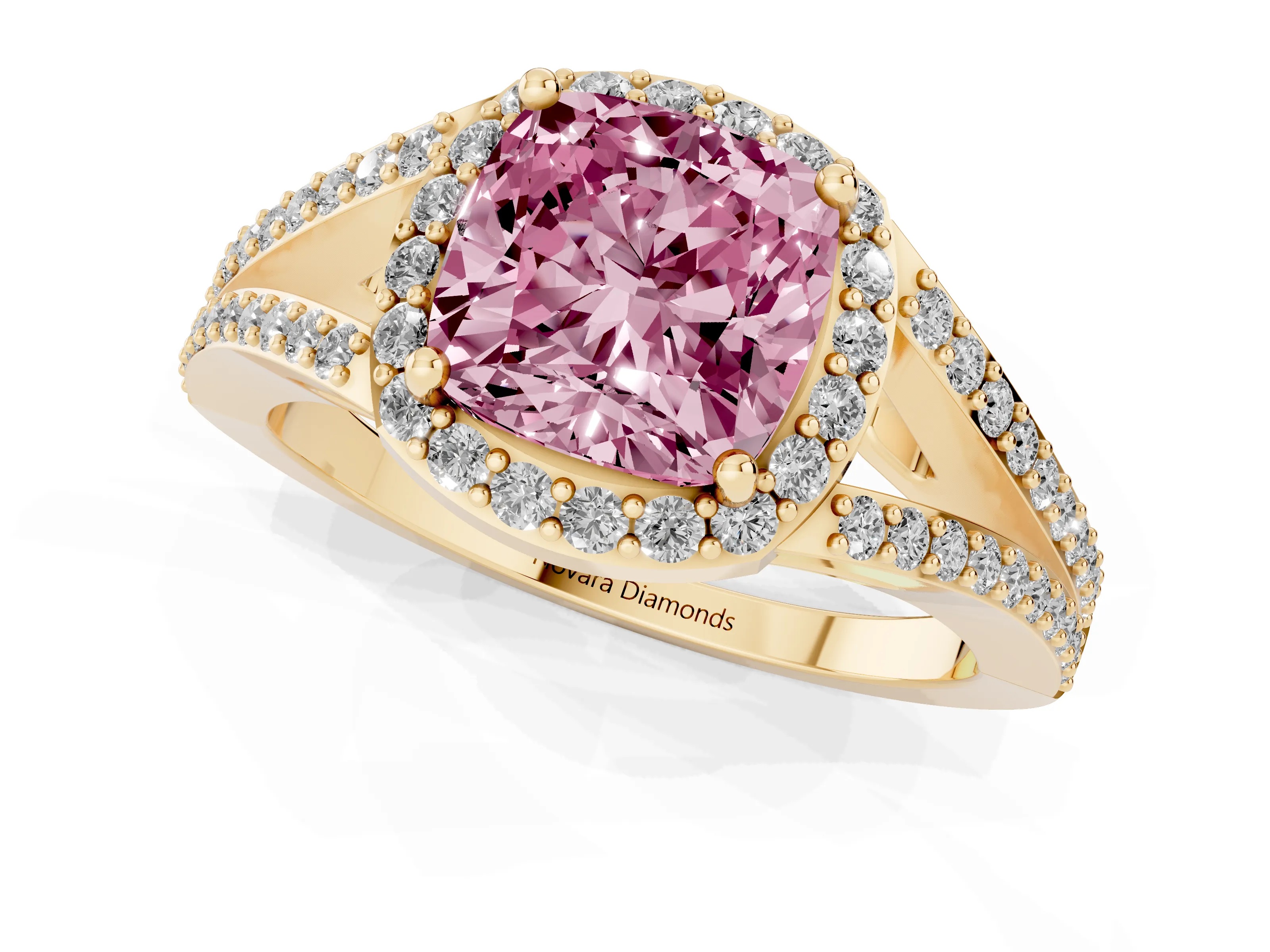 Fancy Pink Cushion Cut Diamond Halo Split Shank Ring Set in Yellow gold with Accent Stones and Prong Setting