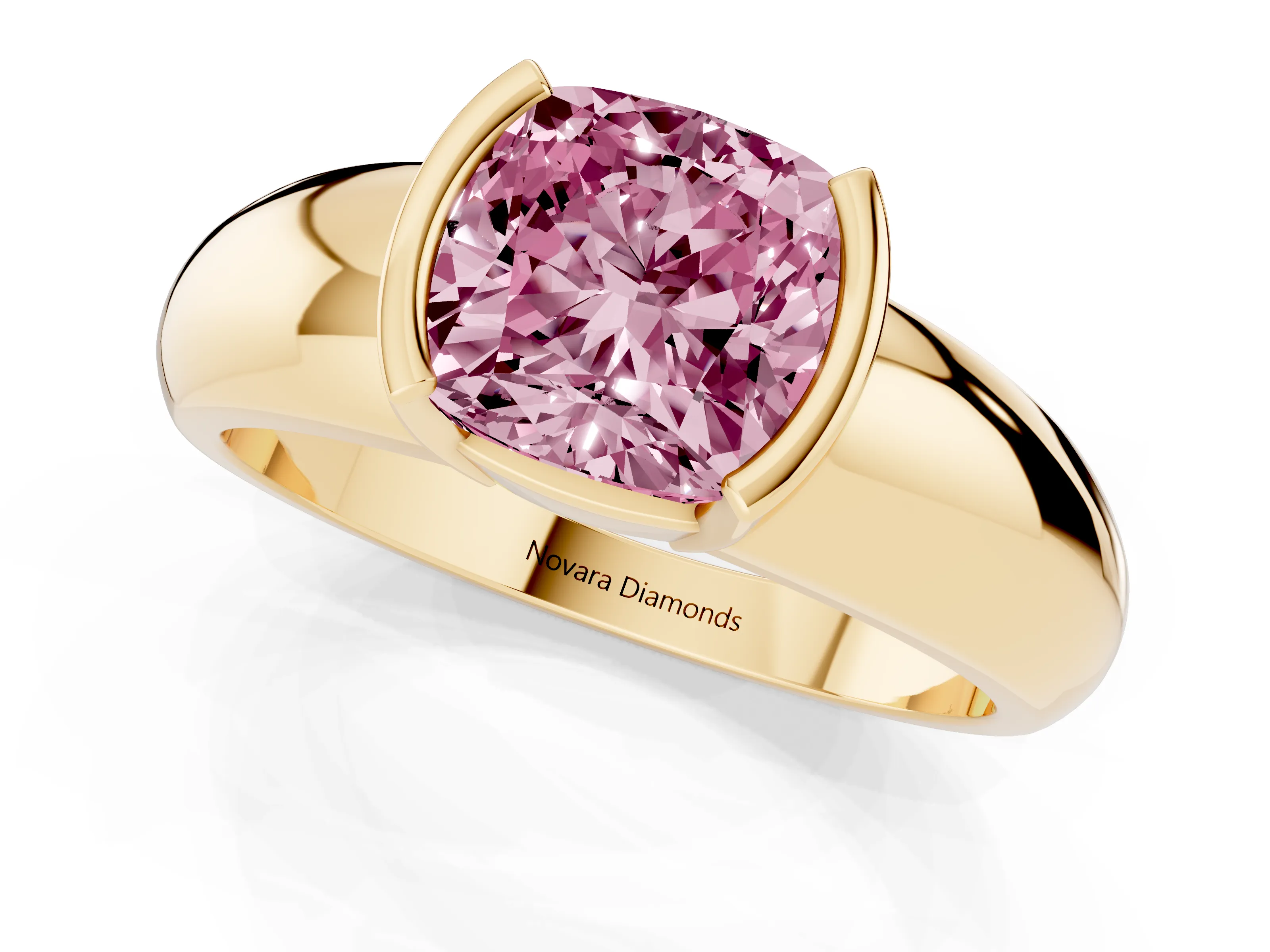 Fancy Pink Cushion Cut Diamond Solitaire Tension Set Ring Set in Yellow gold with Wide Band